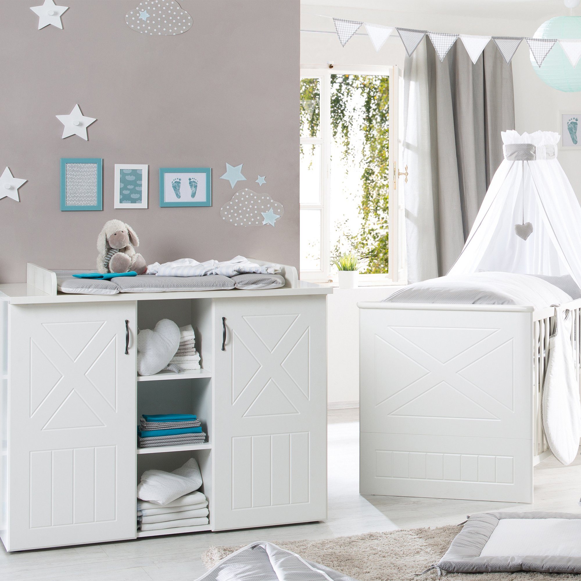 roba® Babyzimmer-Komplettset Constantin, Gitterbett & Wickelkommode - Holz weiß
