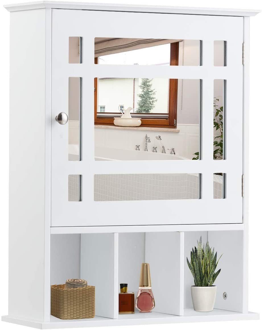 COSTWAY Badezimmerspiegelschrank mit verstellbarem Einlegeboden & 3 Fächern weiß