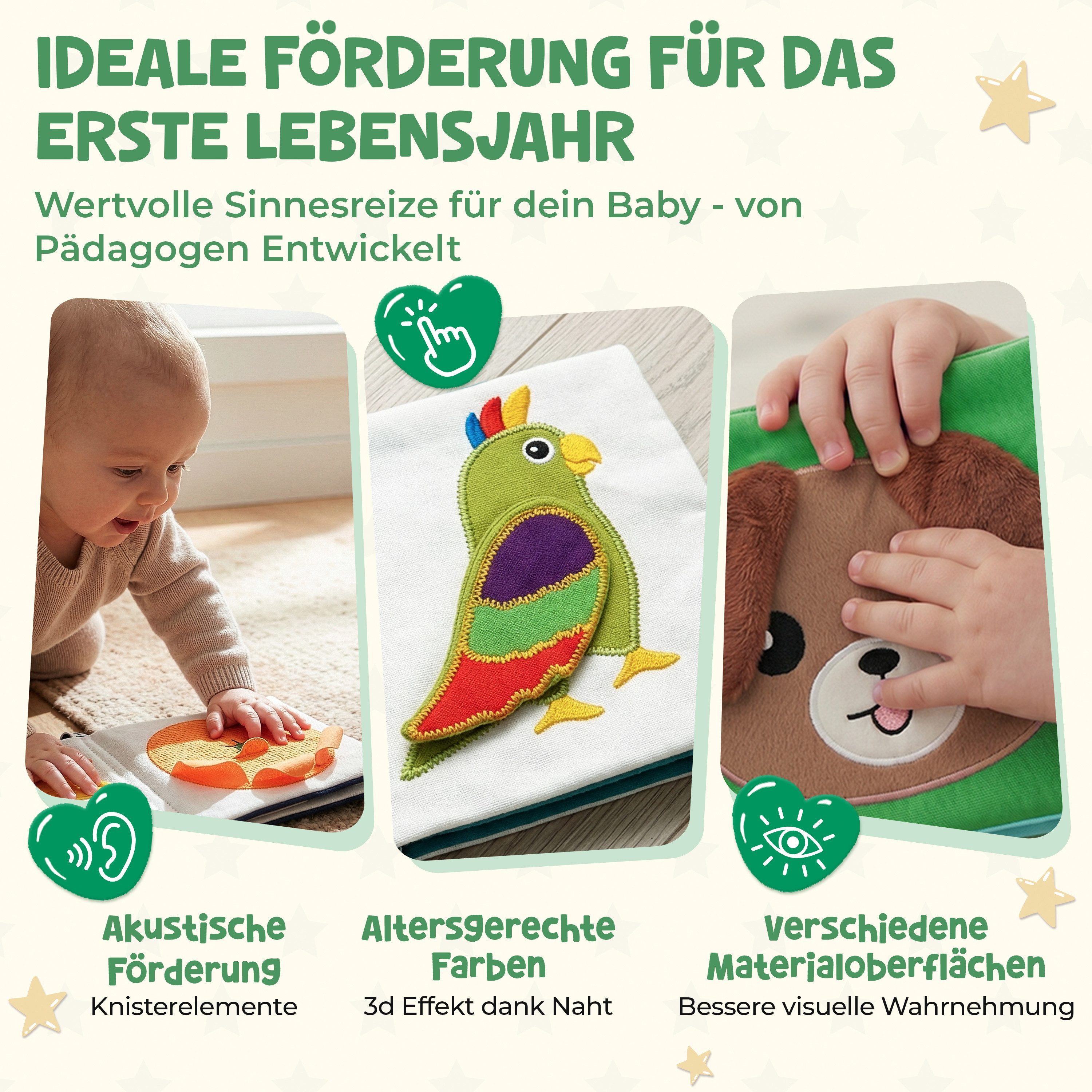 My First Book Stoffbuch Small Hands, Baby Fühlbuch, 0-12 Monate, Baby Spielzeug, Fühlbuch Stoffbuch waschbar, Montessori ab 0 Monate