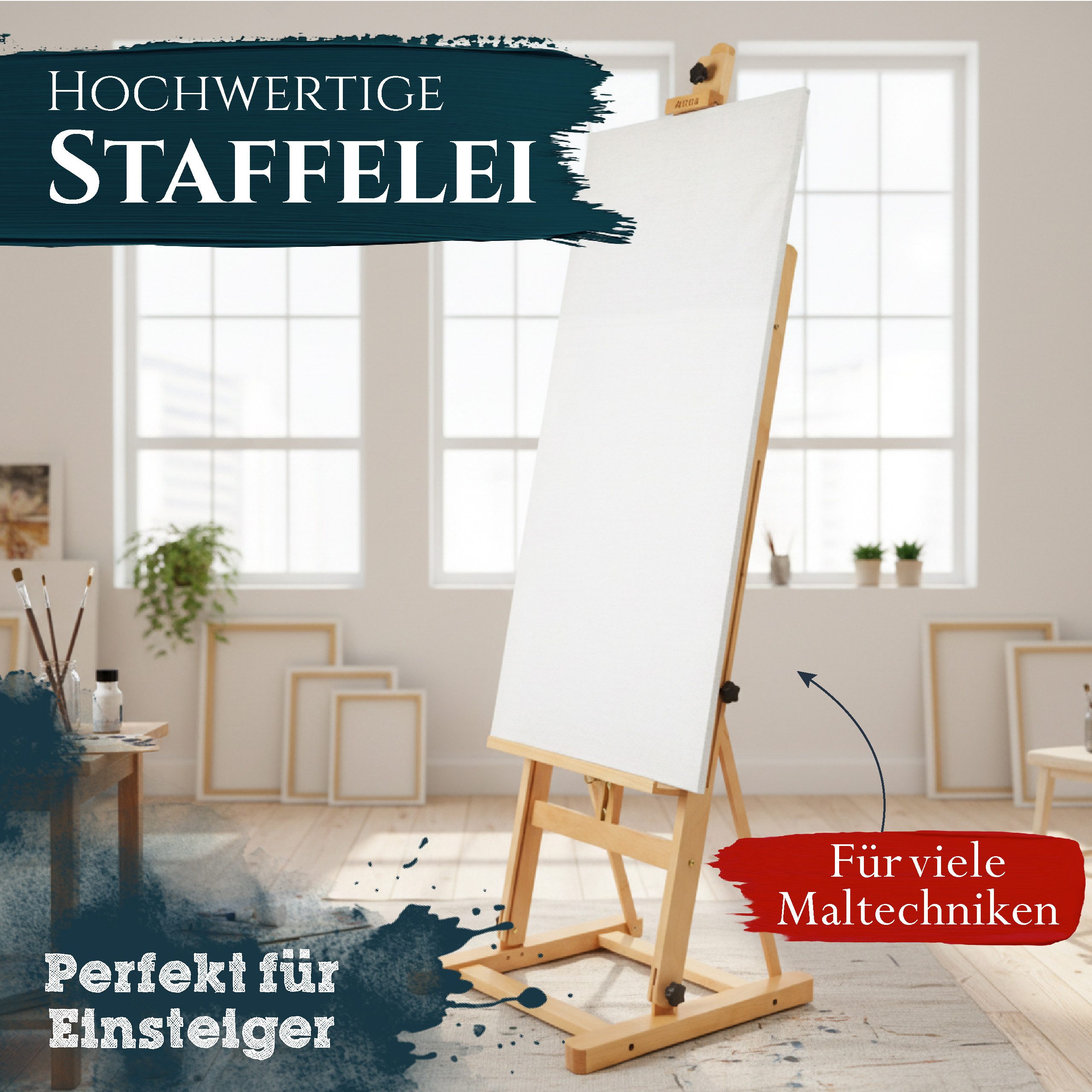 Artina Staffelei Atelierstaffelei Siena Staffelei für Leinwände bis 125 cm, Massive Holzstaffelei aus geöltem Buchenholz klappbar