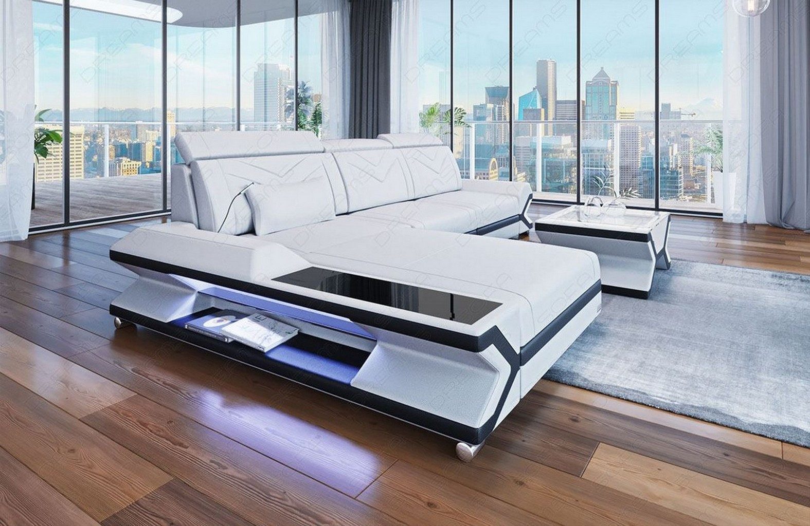 Sofa Dreams Ecksofa Napoli L Form Leder, Ottomane frei ausrichtbar, USB, opt. Bettfunktion, LED, 4-Sitzer