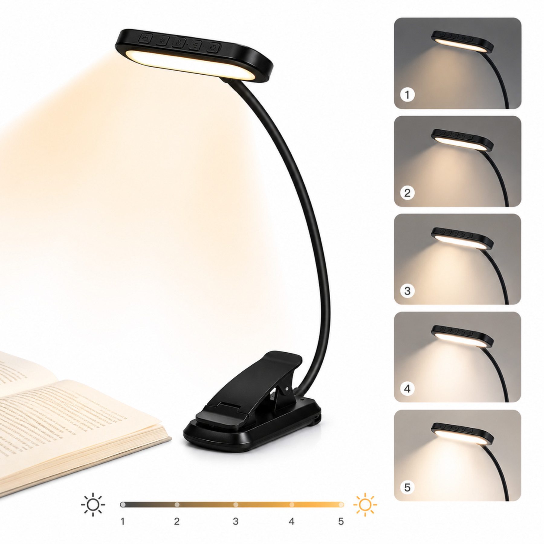 Luckice LED Leselampe mit 3 Farbtemperatur Modi 5 Helligkeitsstufen, 360° Flexibel Leselicht für Nachtlesen ins Bett 80H lange Akkulaufzeit, Dauerbeleuchtung 24LED augenschonende Leuchtmittel