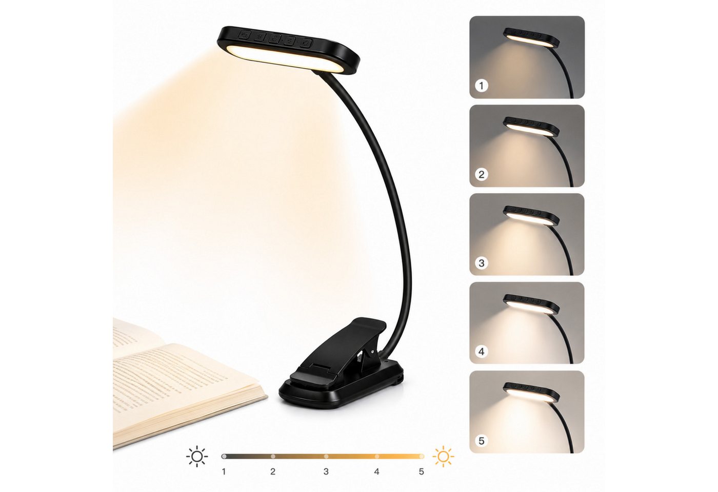 Luckice LED Leselampe mit 3 Farbtemperatur Modi 5 Helligkeitsstufen, 360° Flexibel Leselicht für Nachtlesen ins Bett 80H lange Akkulaufzeit, Dauerbeleuchtung 24LED augenschonende Leuchtmittel