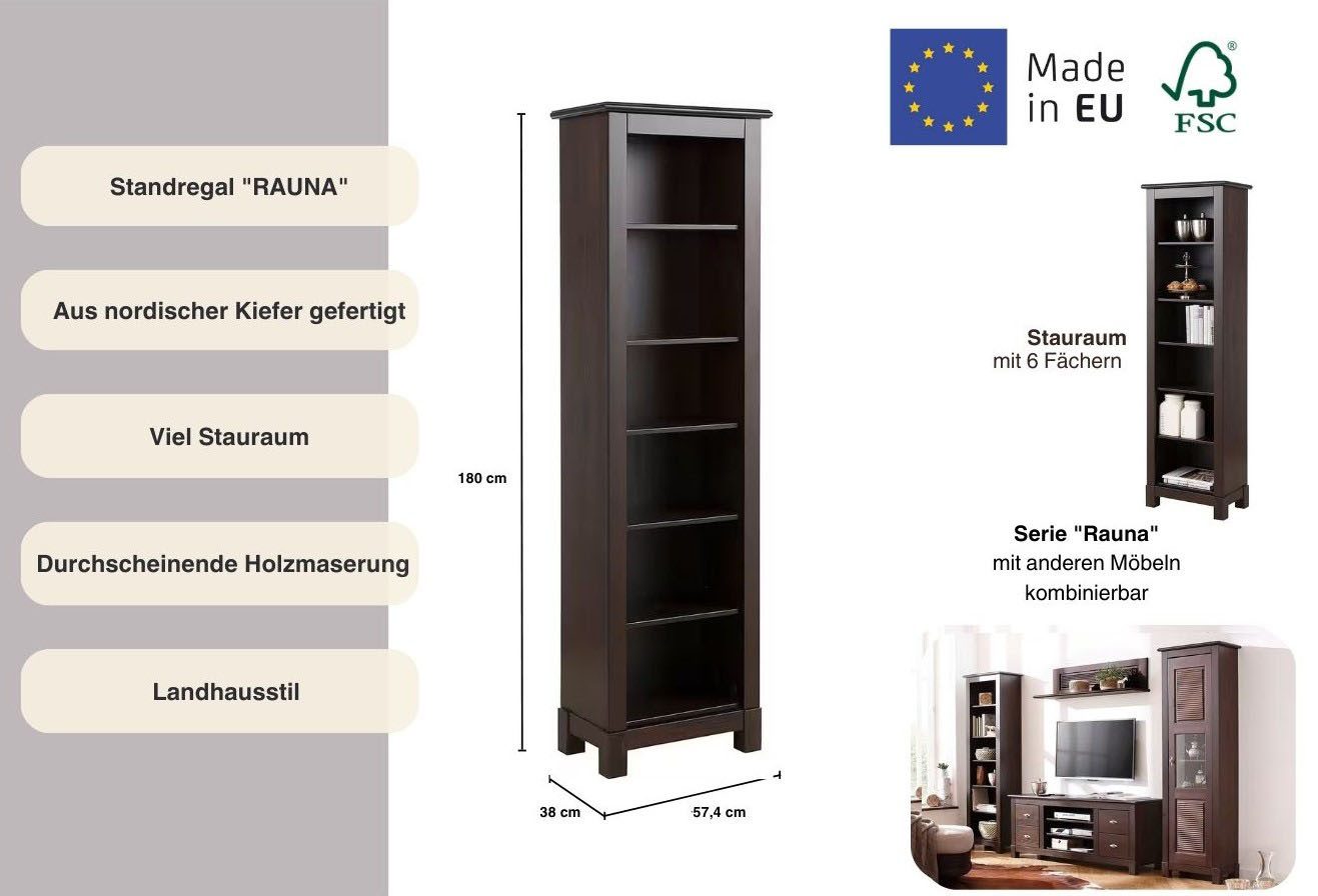 OTTO home Standregal Rauna, Regal, Massivholzregal, Bücherregal, Höhe 180 cm, aus massiver Kiefer, FSC®-zertifiziert