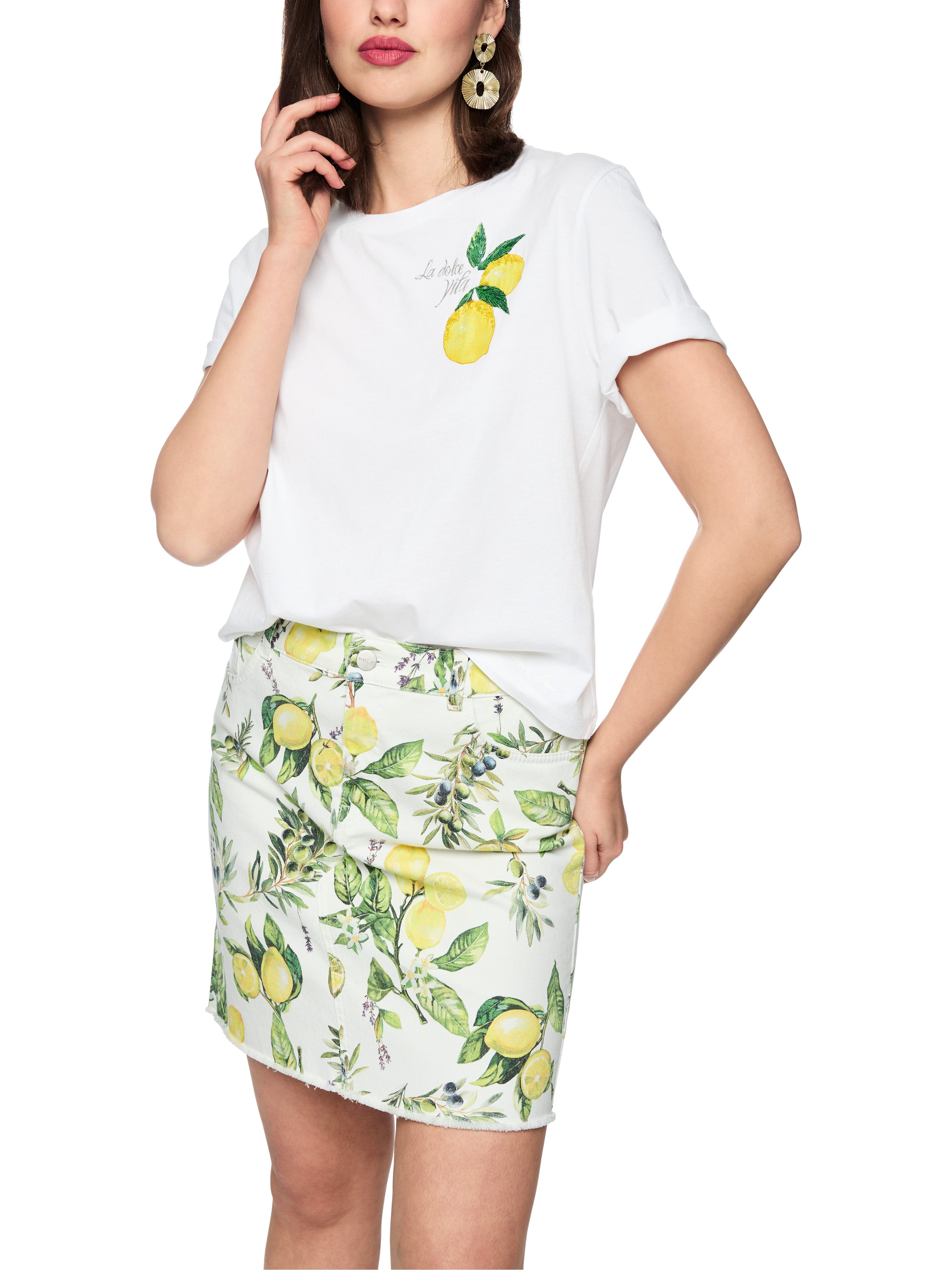 Marc Cain T-Shirt Amalfi Portofino Lemons Premium Damenmode Zitronenprint mit kleinen Pailletten und Mini-Perlen