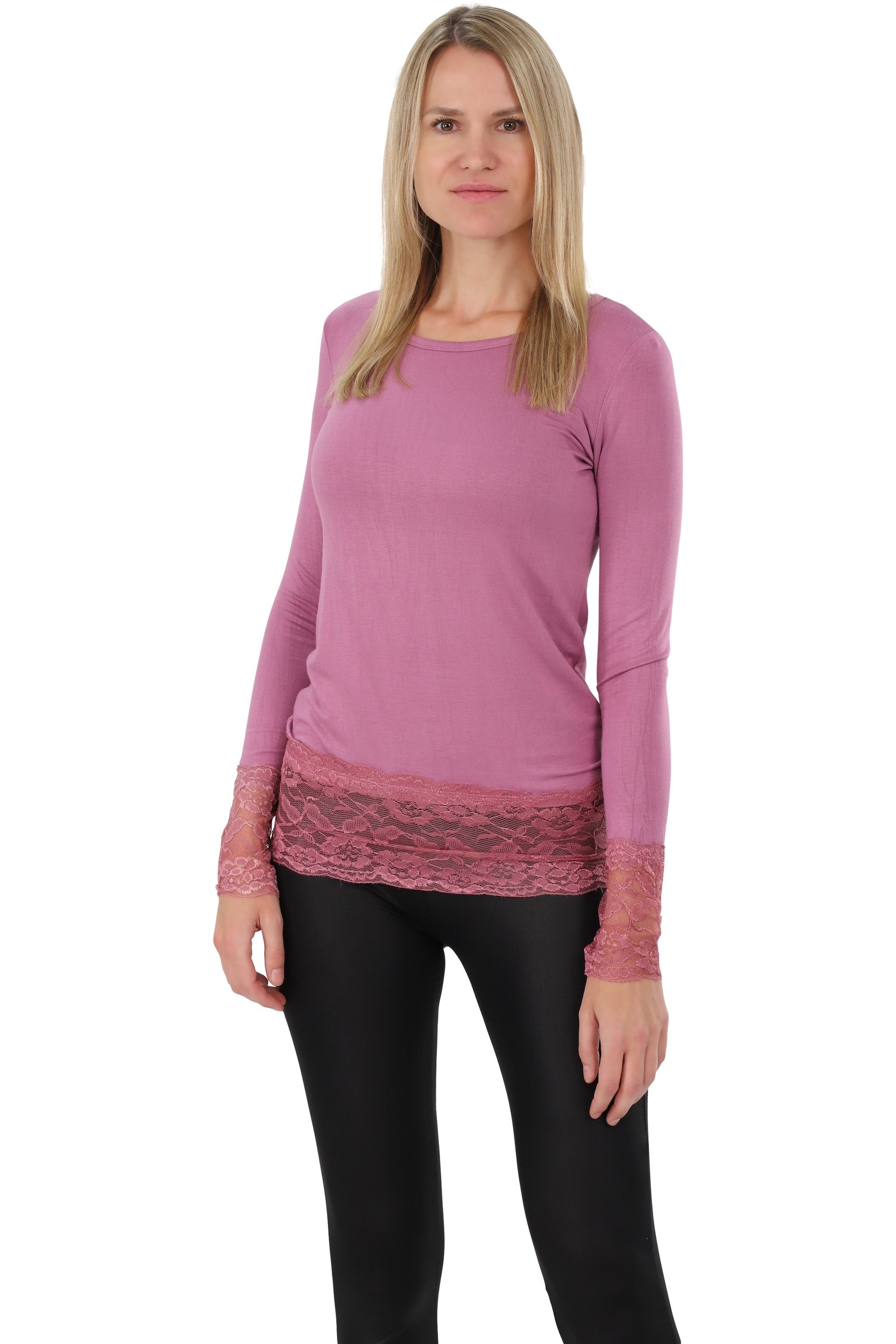 Muse Rundhalsshirt Langarm Longshirt mit Spitzensaum günstig online kaufen