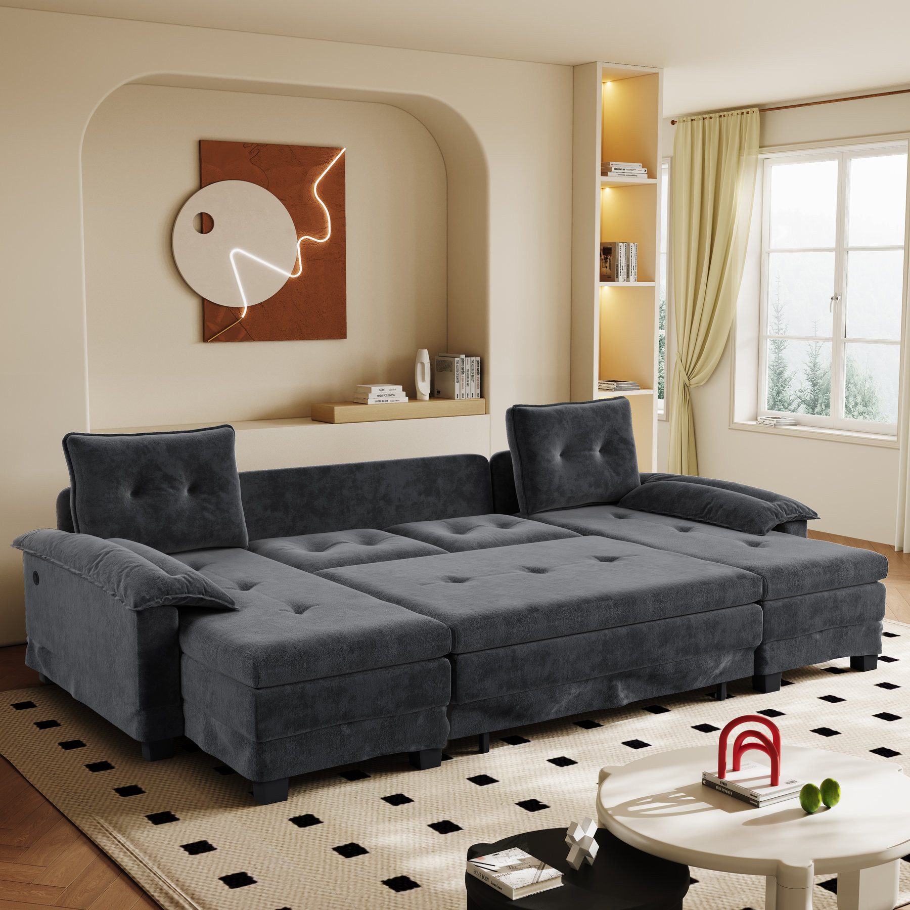Odikalo Schlafsofa Schlafcouch Tagesbett Loungesofa mit USB, 278 cm U-förmiges Convertible Sectional Couch with Pull-Out Bed mit USB-Ladefunktion abnehmbaren Armlehnen Extragroßes modulares Design modernes Wohnzimmer-Sofa