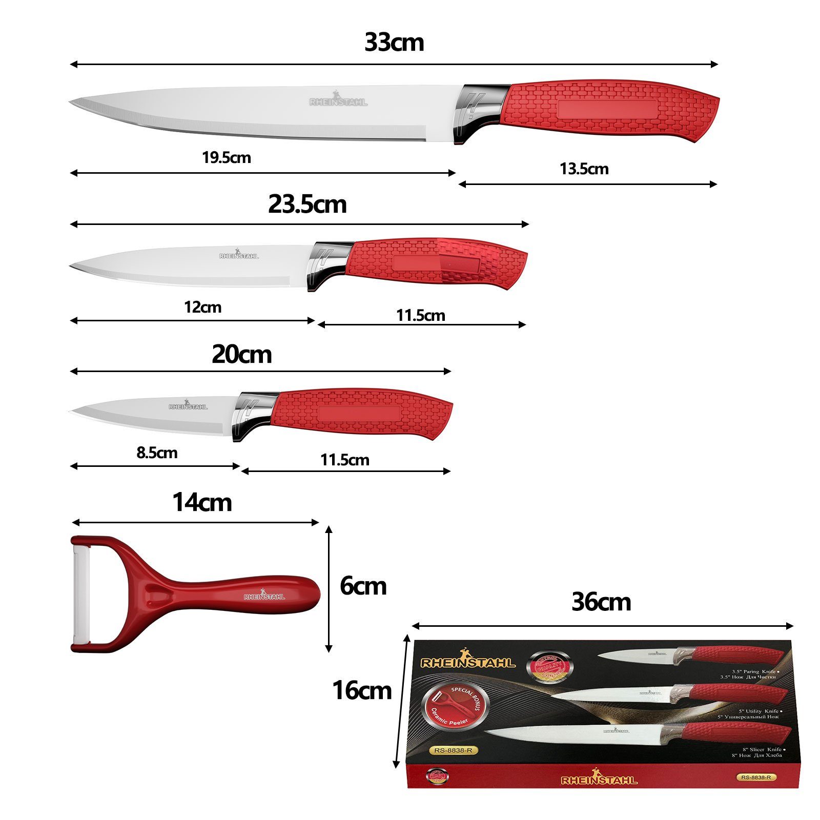Kochmesser hochwertiges Küchenmesser teilig Messer-Set Set Messerblock Set SelbstschärfenMesser (4-tlg), Küchenmesser Profi RHEINSTAHL Messerset Rot 4