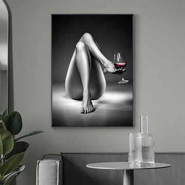 TPFLiving Kunstdruck (OHNE RAHMEN) Poster - Leinwand - Wandbild, Nackte Frau mit Weinglas - (Leinwand Wohnzimmer, Leinwand Bilder, Kunstdruck), Farben: Rot und schwarz - Größe 20x30cm