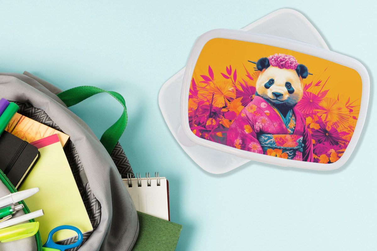 MuchoWow Lunchbox Kimono - Rosa - Panda - Blumenkrone, Kunststoff, (2-tlg), Brotdose Schule oder Arbeit, Brotbox für Kinder und Erwachsene