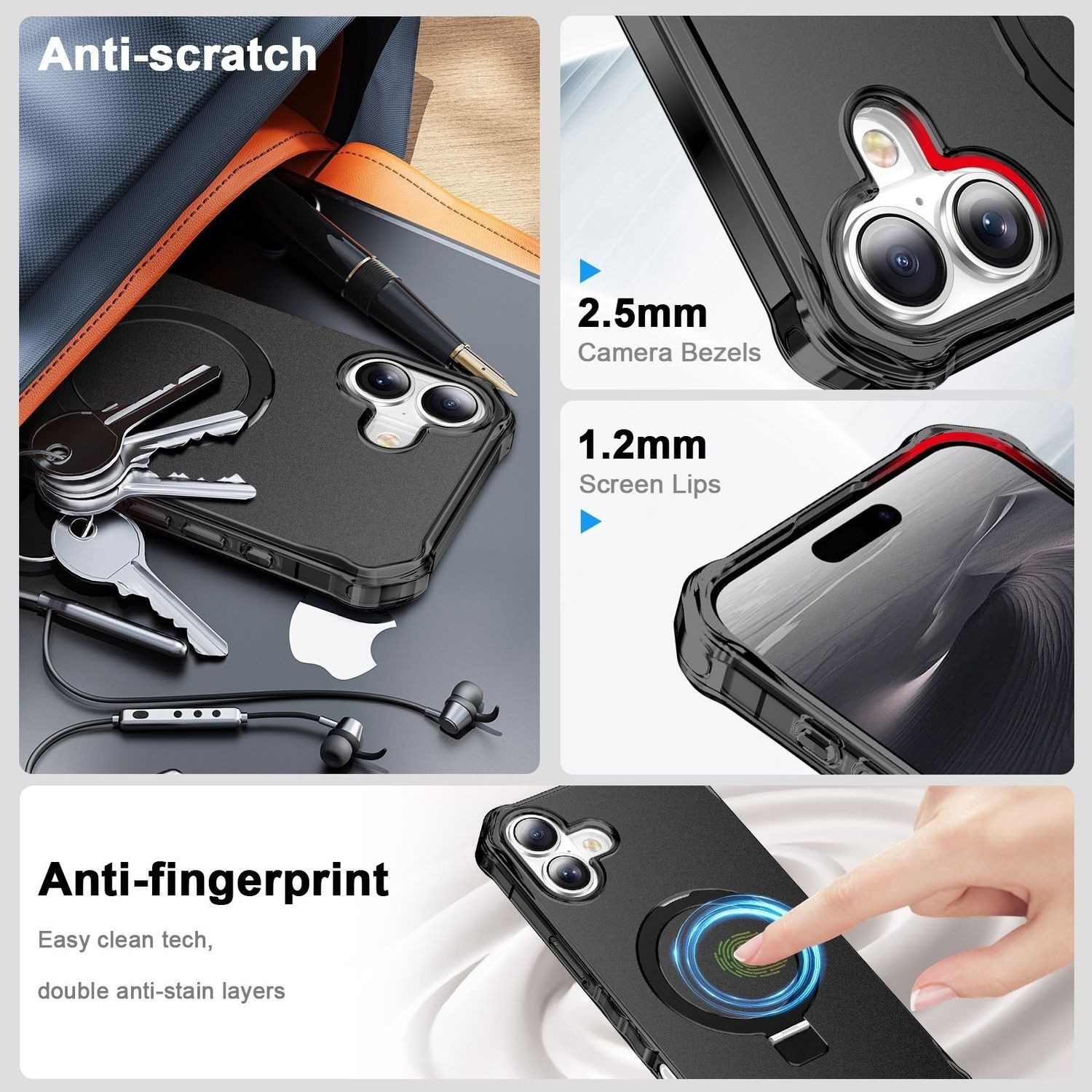 Wigento Handyhülle Für Apple iPhone 16 Solid Color Wave MagSafe Ring Halter Hülle Schwarz, MagSafe, stoßfest, mit Ringhalter