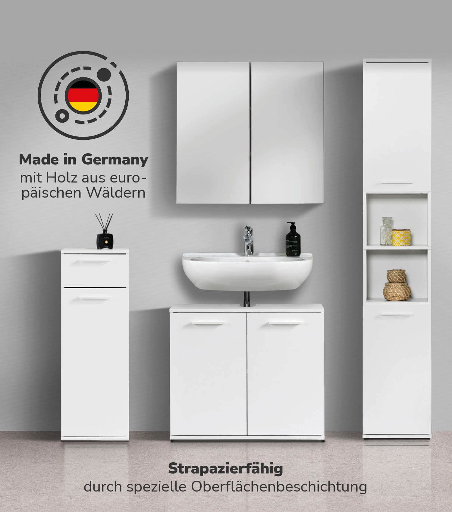 mokebo Badmöbel-Set Der Steuermann, (4-teilig), Unterschrank, Beistellschrank, Hochschrank & Spiegelschrank Weiß