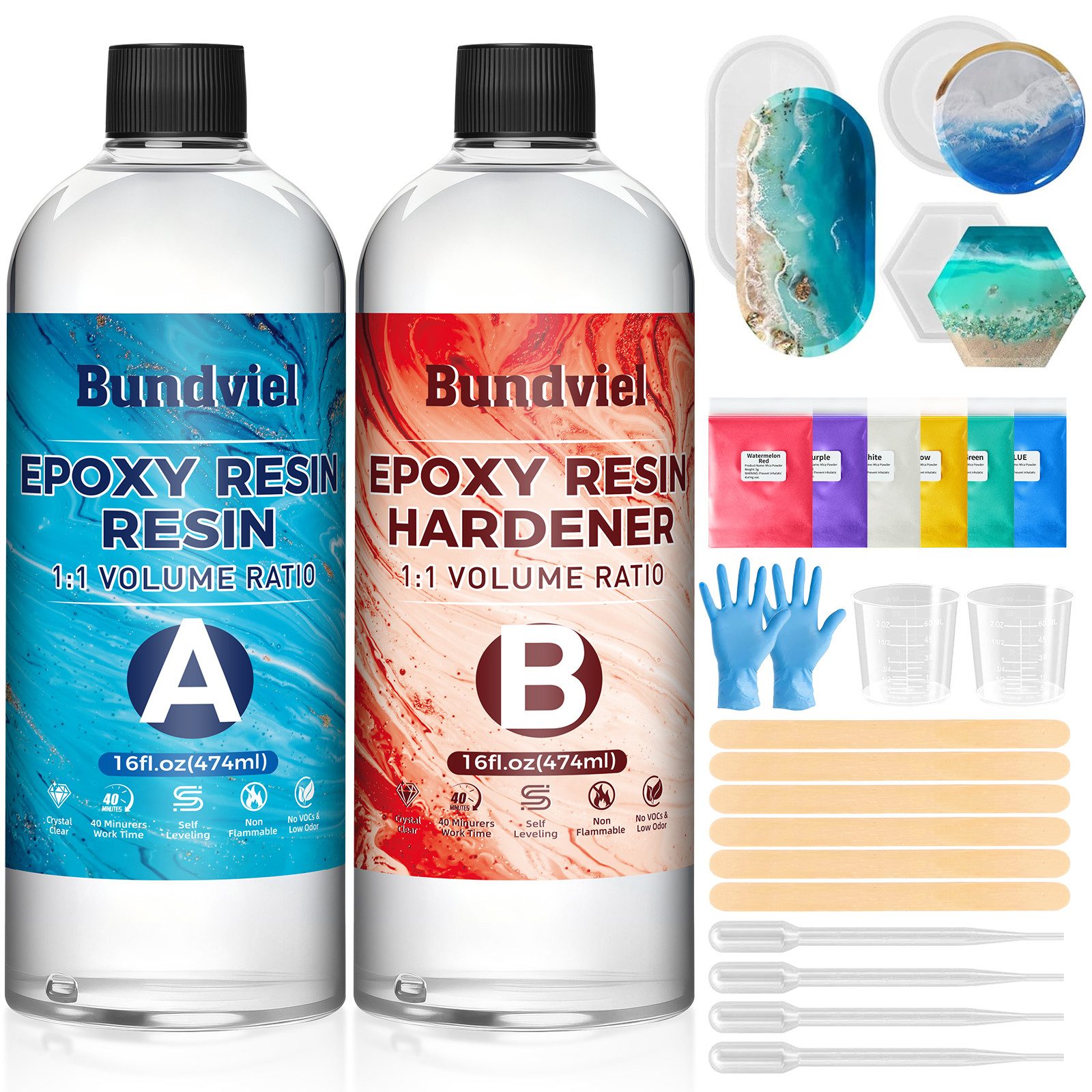 Bundviel Epoxidharz 128oz/70oz/64oz/35oz Epoxidharz Mit Härter Set,Epoxidharz Set Anfänger (20-St., mit Messbecher, Rührstab, Färbepulver, Pipette und Handschuhen), für DIY Schmuckherstellung,Handwerk,Holz,Aquarium