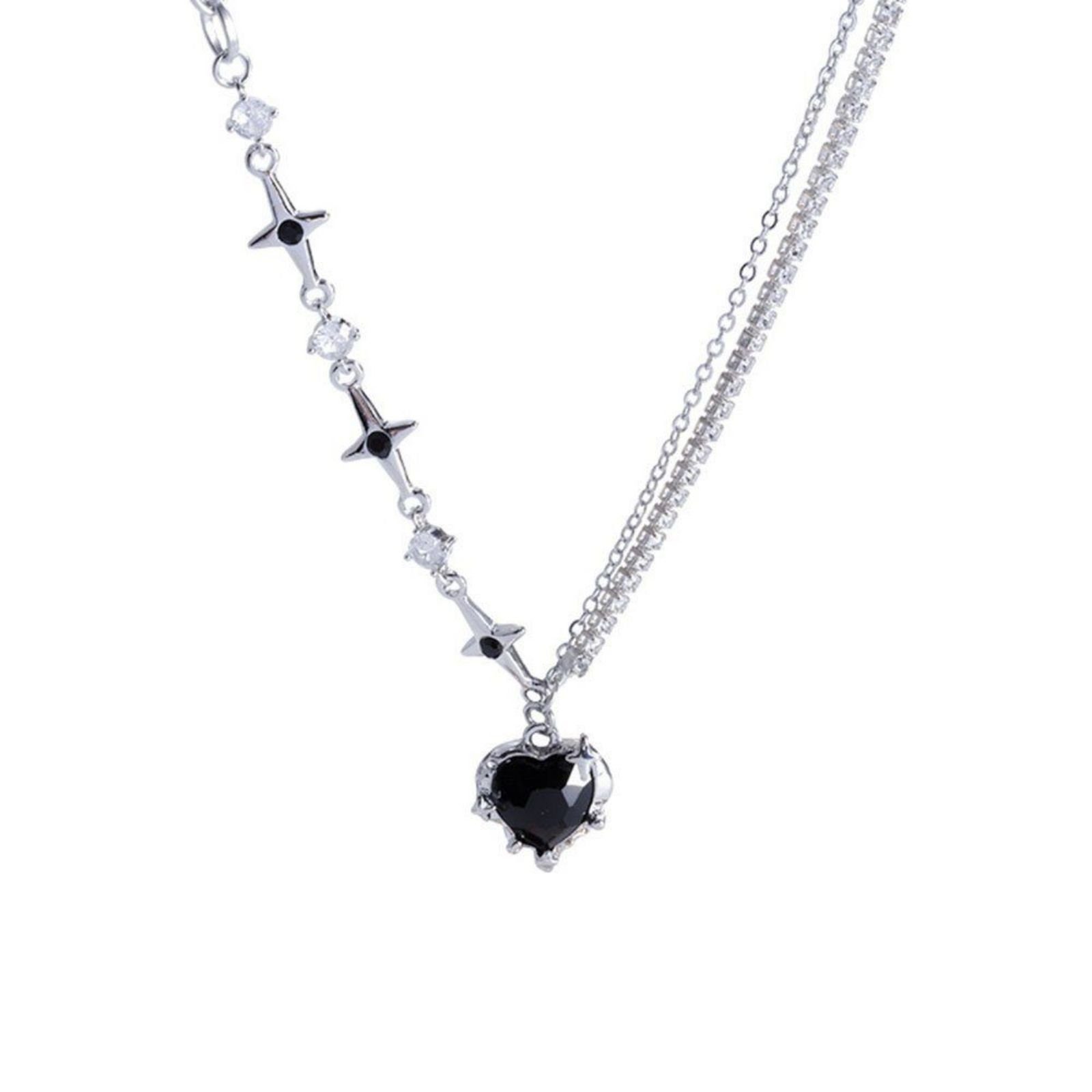 LENBEST Charm-Kette Charm Halskette Layered Black Crystal Heart Silber Anhänger Halskette (1-tlg)