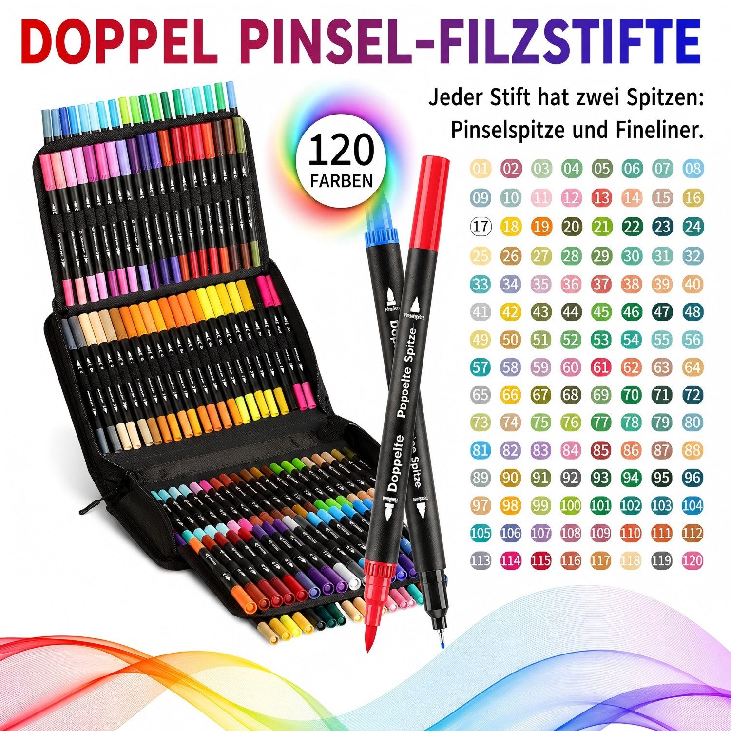 MOPUEA Filzstift Wasserfarbenstifte Acrylmalstifte Brush Pens Doppelspitzen- Lackmarker, (Set, 120-tlg., Pinselstifte Permanentmarker Filzstift, Handlettering), Doppeltipp-Stifte mit Aufbewahrungstasche