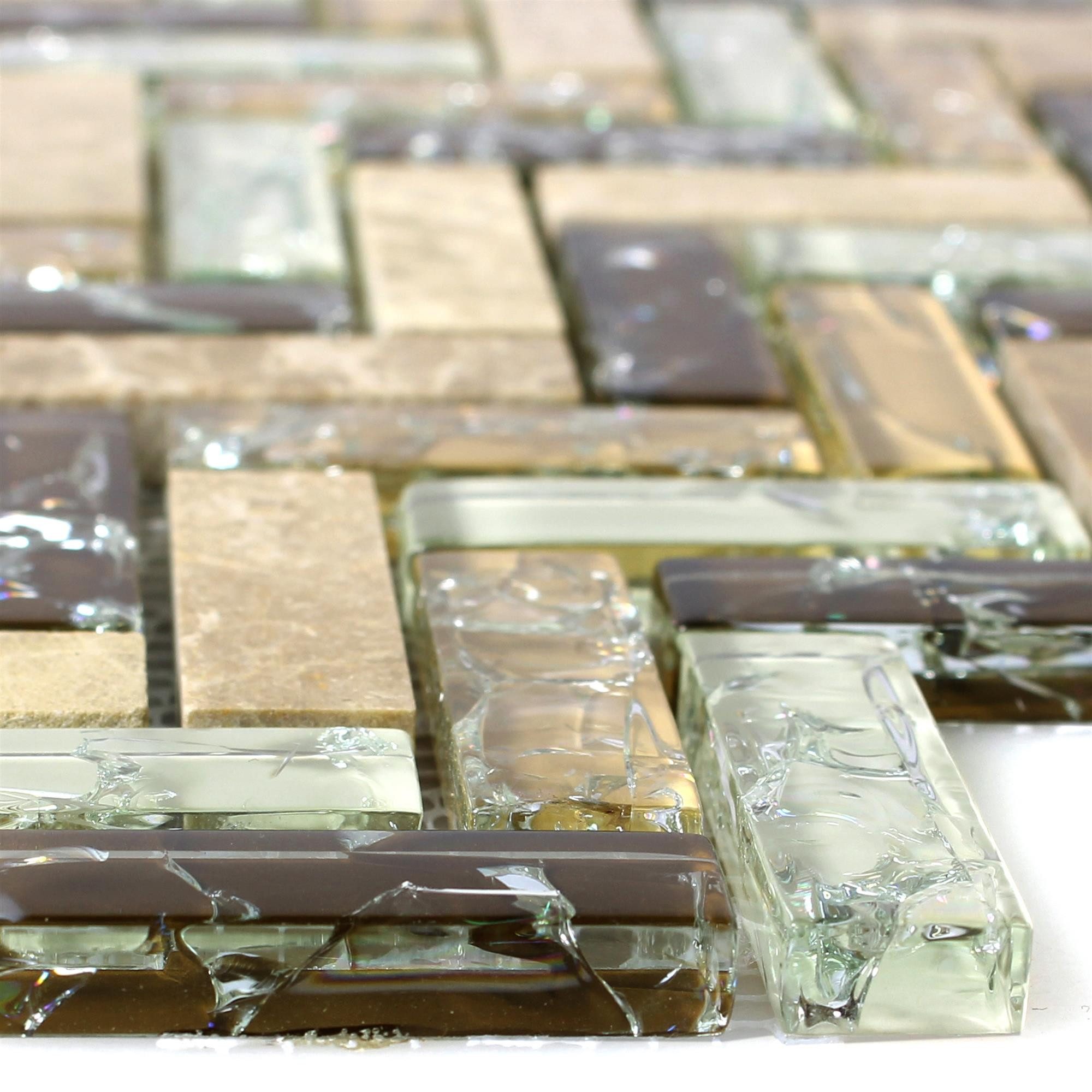 Mosafil Mosaikfliesen Glas Naturstein Mosaikfliesen Malawi Bruchglas Fischgrät, Naturstein-Glas-Marmor 29.300x26.300, beige-braun, Verlegefertig auf ein Netz geklebt - Frostsicher - Wasserfest