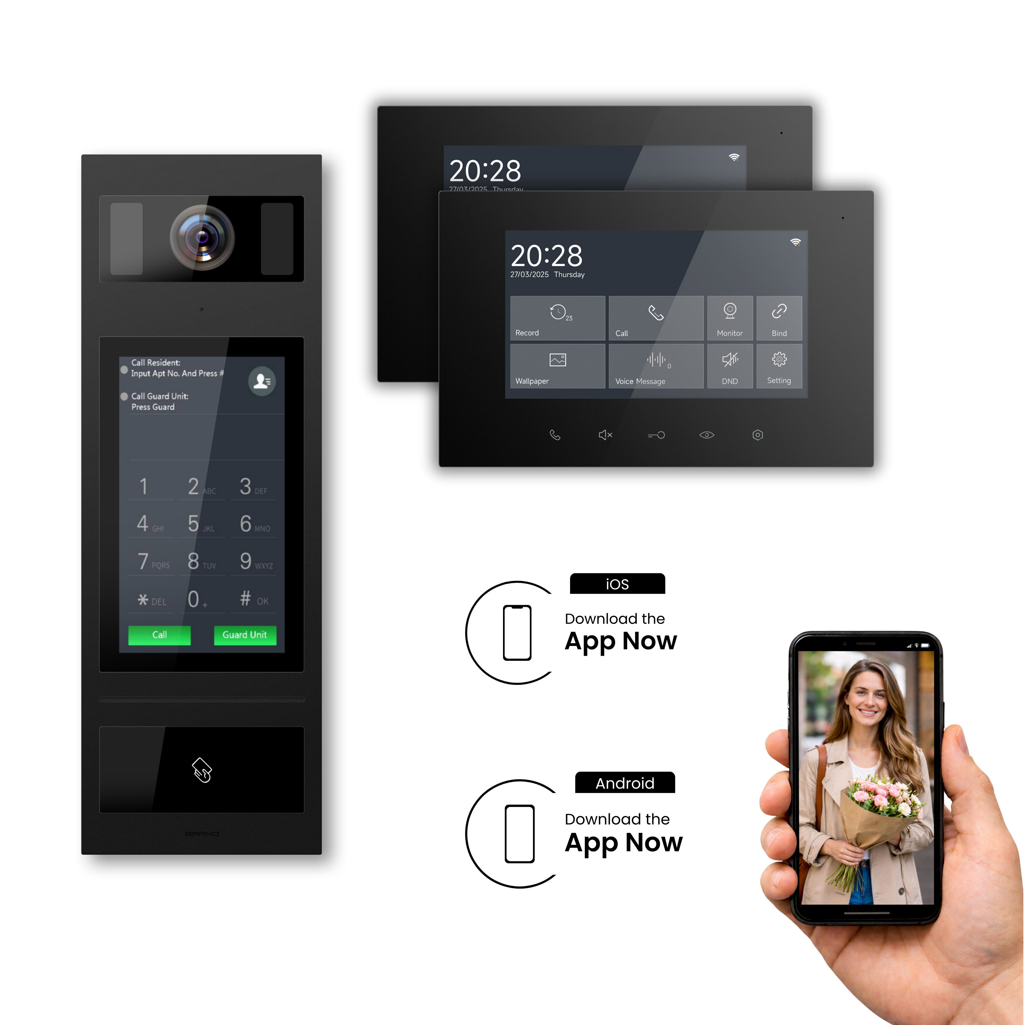 Balter Video-Türsprechanlage SCHUTZER Video-Türsprechanlage 1 Familie 2x 7 Zoll WLAN Schwarz (Komplettset, 2-Draht-BUS, RFID/PIN, WLAN & App)