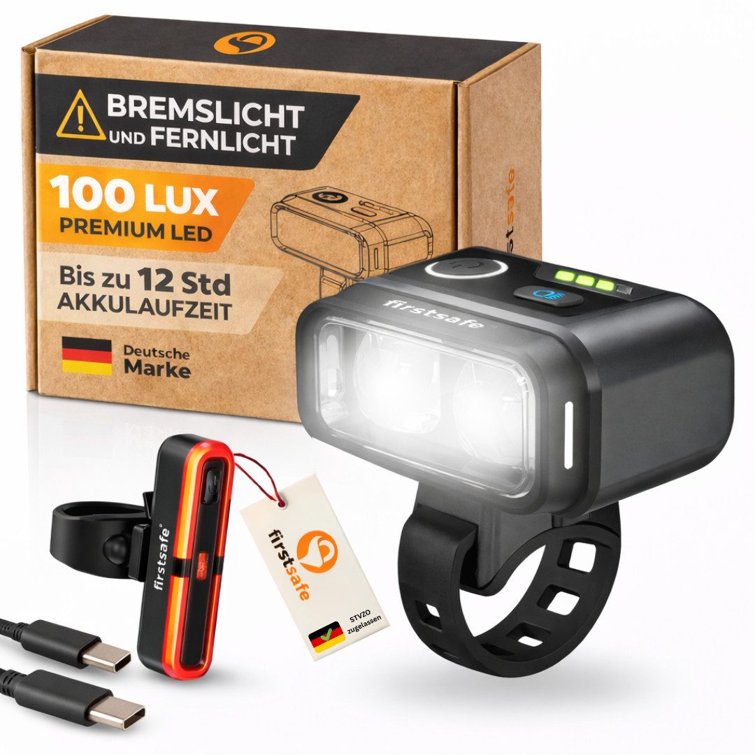 firstsafe Fahrradbeleuchtung Premium Fahrradlicht Set 100 LUX – Fernlicht & Bremslicht, Fernlichtfunktion, Bremslichtsensor, abnehmbar, wetterfest