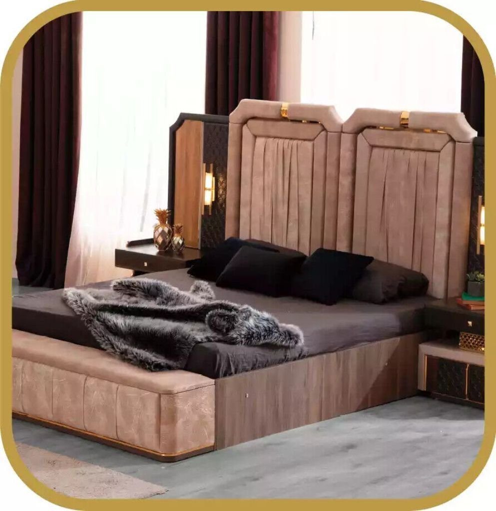 Stoff, Bett/2x (4-St., Schlafzimmer-Set Doppelbett Luxus Nachttische/Kleiderschrank), Beige Europa Made Komplette Set Schlafzimmermöbel Bett in JVmoebel