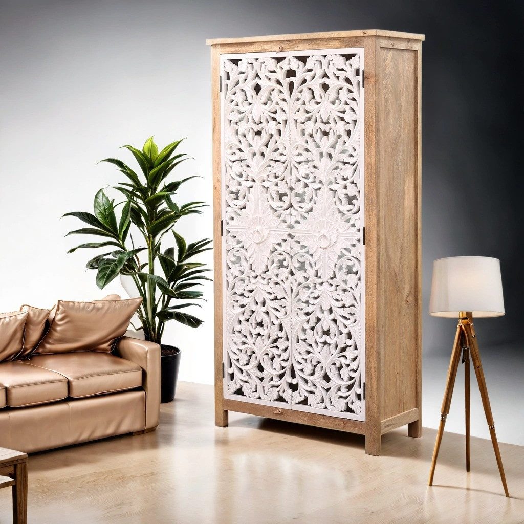 Marrakesch Orient & Mediterran Interior Highboard Boho Möbel Schrank Kleiderschrank Highboard aus Holz Braun Weiss Bulam (1 St), Handarbeit