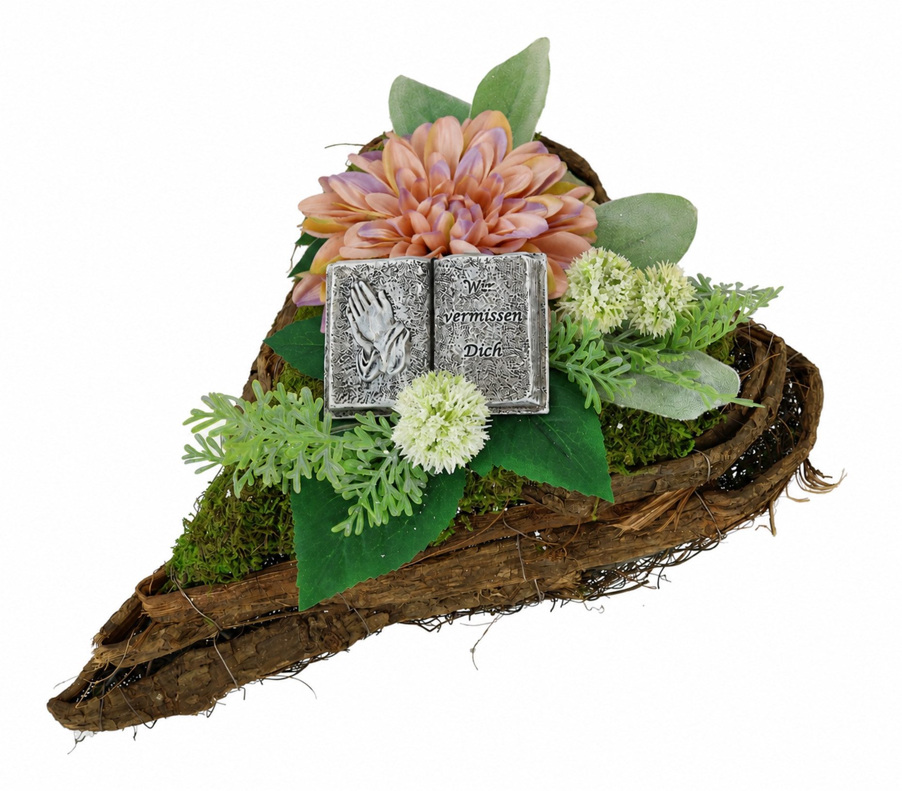 Kunstblume Gesteck mit Dahlie und Allium im Pflanz-Herz, OTTO home, Höhe 14 cm, Dekoratives Herzgesteck mit Buchfigur und Blütenarrangement
