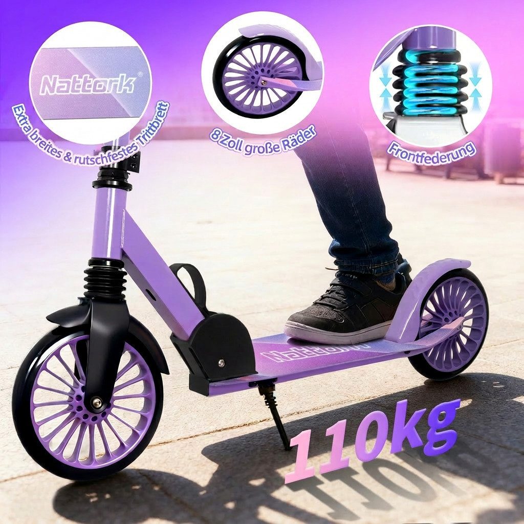 Nattork Scooter für Erwachsene, verstellbare Höhe 81-96cm, klappbar, (1 tlg), Faltbarer Tretroller mit 8" großen Rädern, Anti-Erschütterungsfederung – Bild 4 von 5