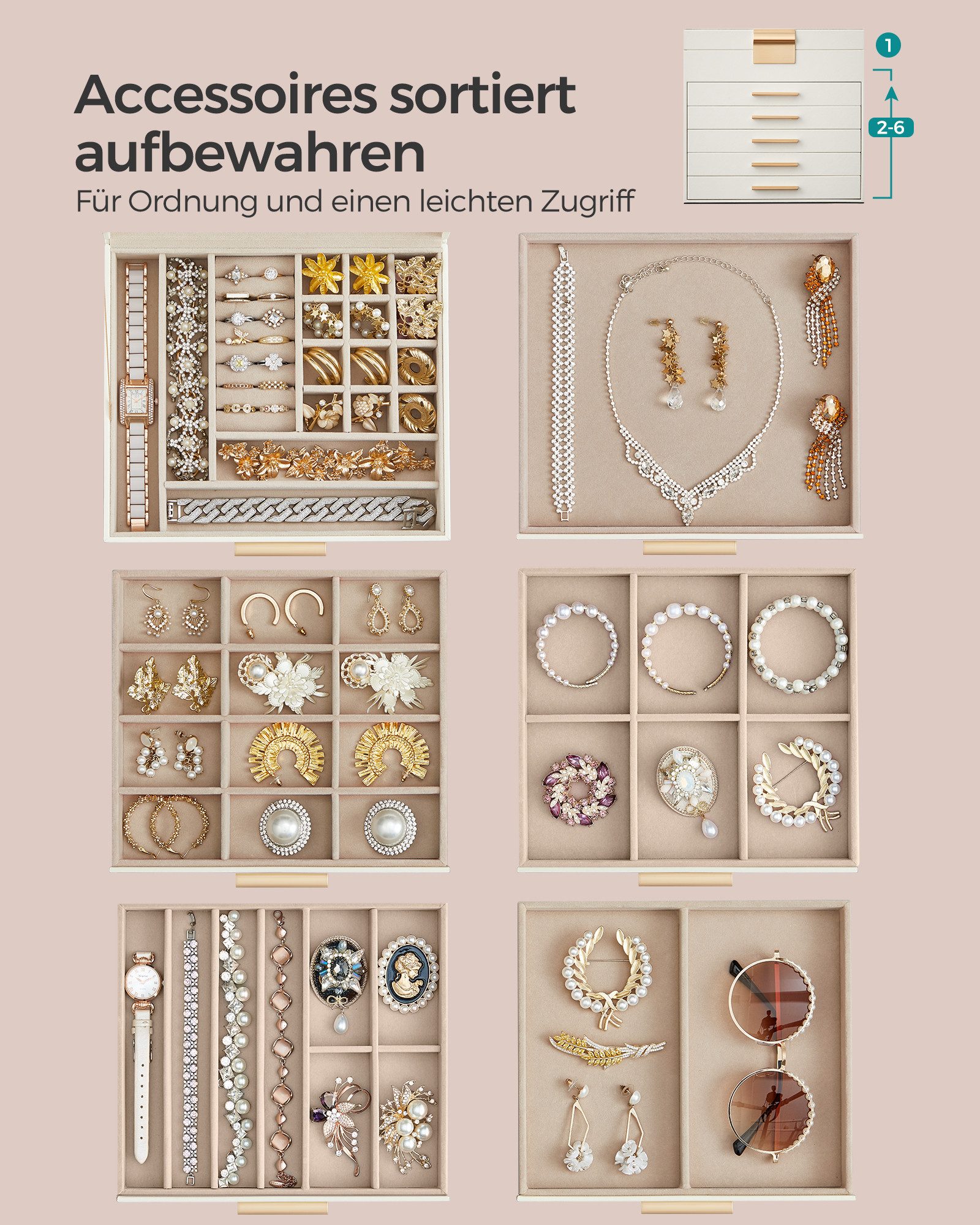 SONGMICS Schmuckkasten Schmuckkästchen, Schmuckbox mit Glasdeckel, wolkenweiß-golden, 6 Ebenen, 5 Schubladen, Schmuckaufbewahrung, 20,3 x 23,1 x 22,8 cm
