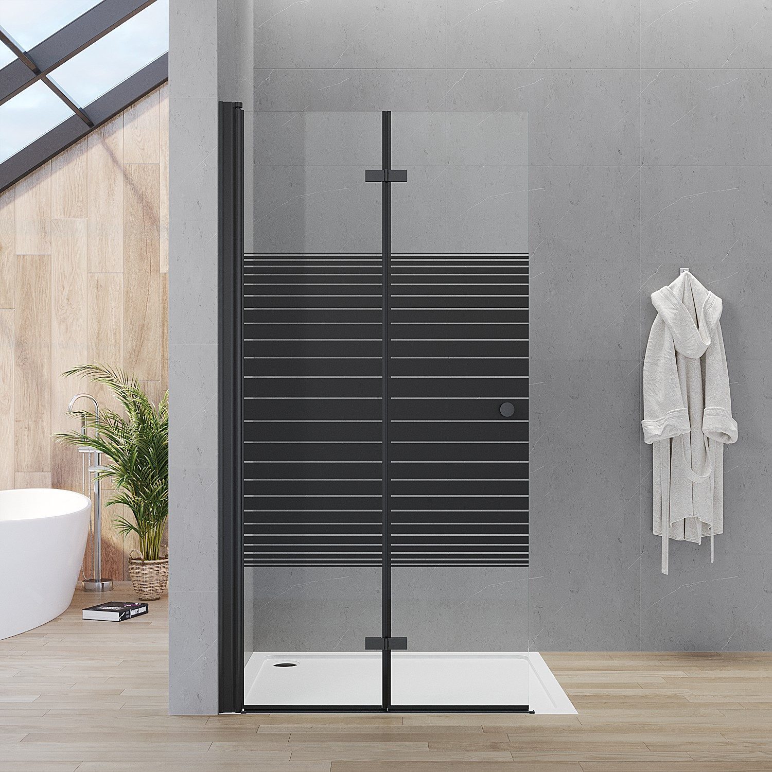 AQUALAVOS Walk-in-Dusche Duschwand mit klappbarem Faltelement aus 5mm ESG Schwarz Streifendekor, 5mm ESG, 15 mm Wandausgleich Heb-/Senk-Funktion Aluminiumrahmen Runder Griff