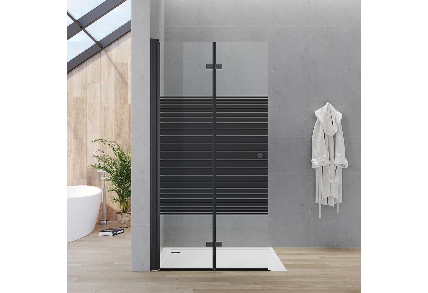 AQUALAVOS Walk-in-Dusche Duschwand mit klappbarem Faltelement aus 5mm ESG Schwarz Streifendekor, 5mm ESG, 15 mm Wandausgleich Heb-/Senk-Funktion Aluminiumrahmen Runder Griff