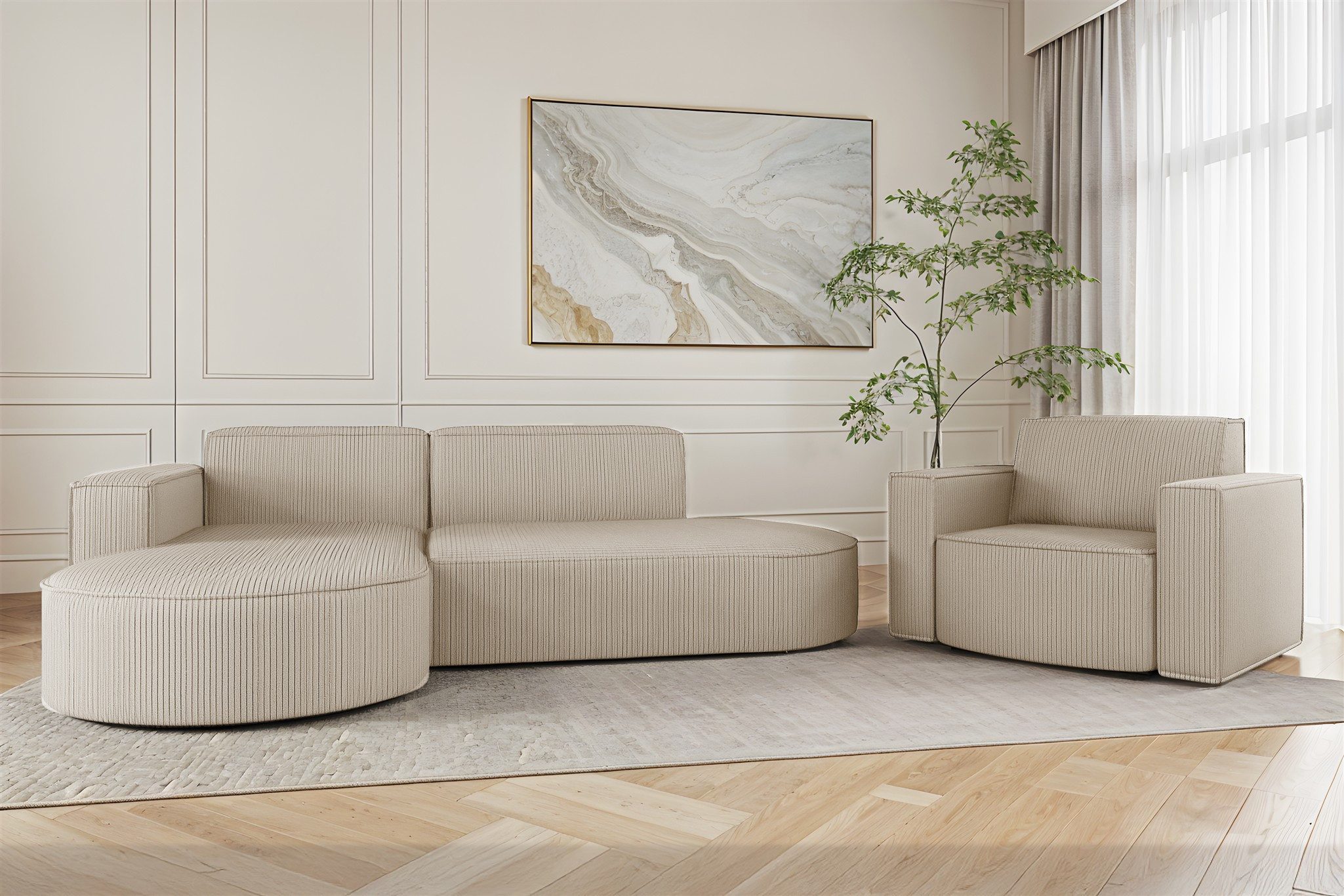 Fun Möbel Polstergarnitur Sofaset Designerecksofa PALMA XS plus Sessel in Scala oder Noel, (Ecksofa plus Sessel, Ottomane Links oder Rechts), Rundumbezug
