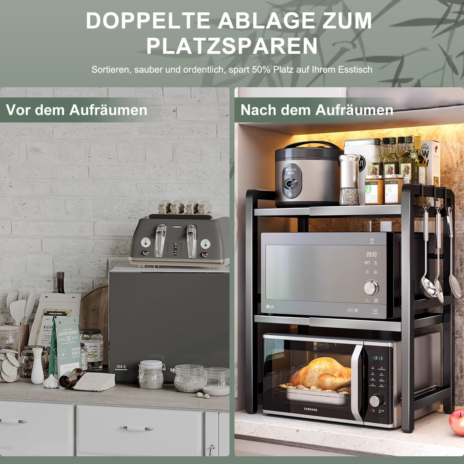 SURFOU Standregal Mikrowellen Regal 3-stufiges Mikrowellenständer Erweiterbares, mit 6 Haken Essstäbchenhalter Messerhalter Schneidebretthalter Küchenregal, für Küche und Aufbewahrung Mikrowellenhalter Kohlenstoffstahl