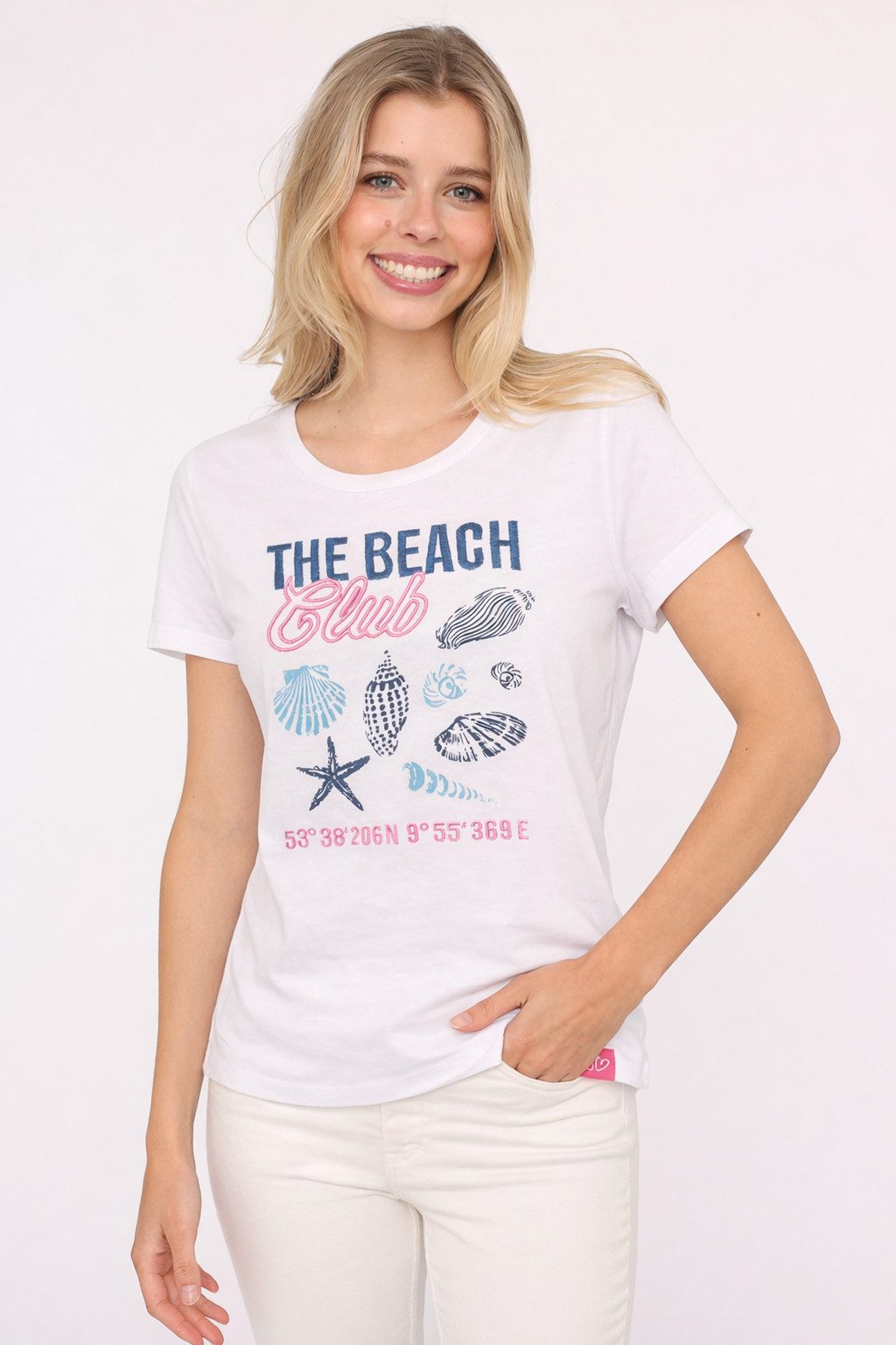 Zwillingsherz T-Shirt "Beach" Rundhals, großes maritimes Motiv mit Stickerei