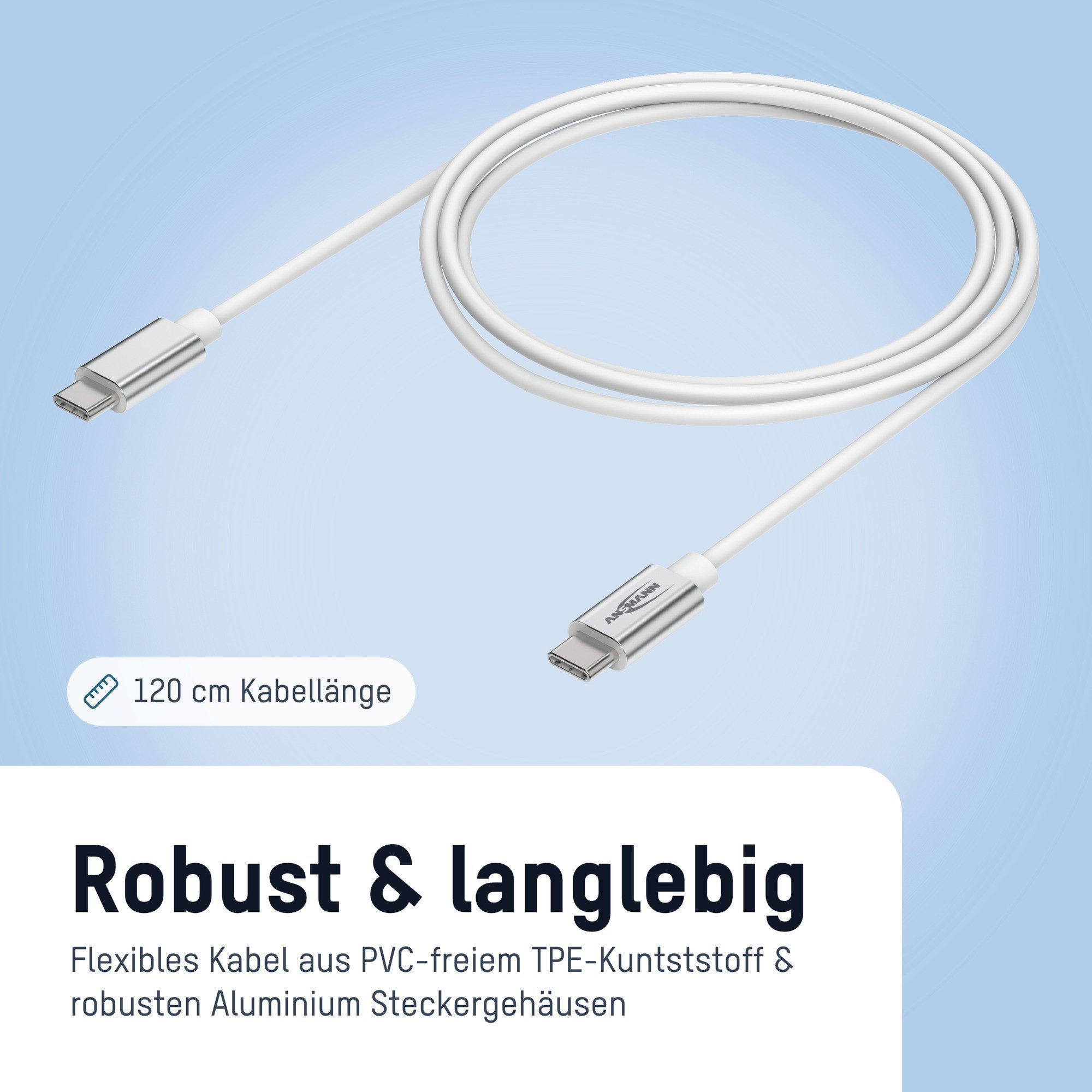 ANSMANN AG - USB C Ladekabel Datenkabel Typ C PD Schnellladekabel 120cm Weiß USB-Ladegerät