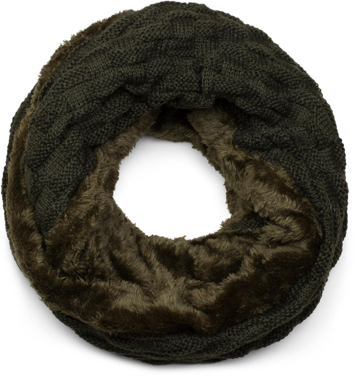 Strickschal Feinstrick Loop mit Flecht Muster und Teddyfleece