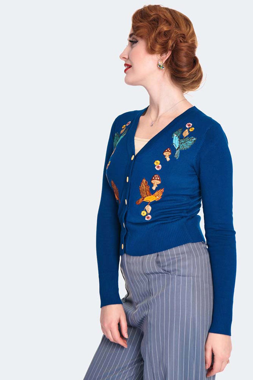 Voodoo Vixen Strickjacke Blue Woodland Cardigan Retro Vintage Blumen Vögel Pilze – Bild 3 von 5