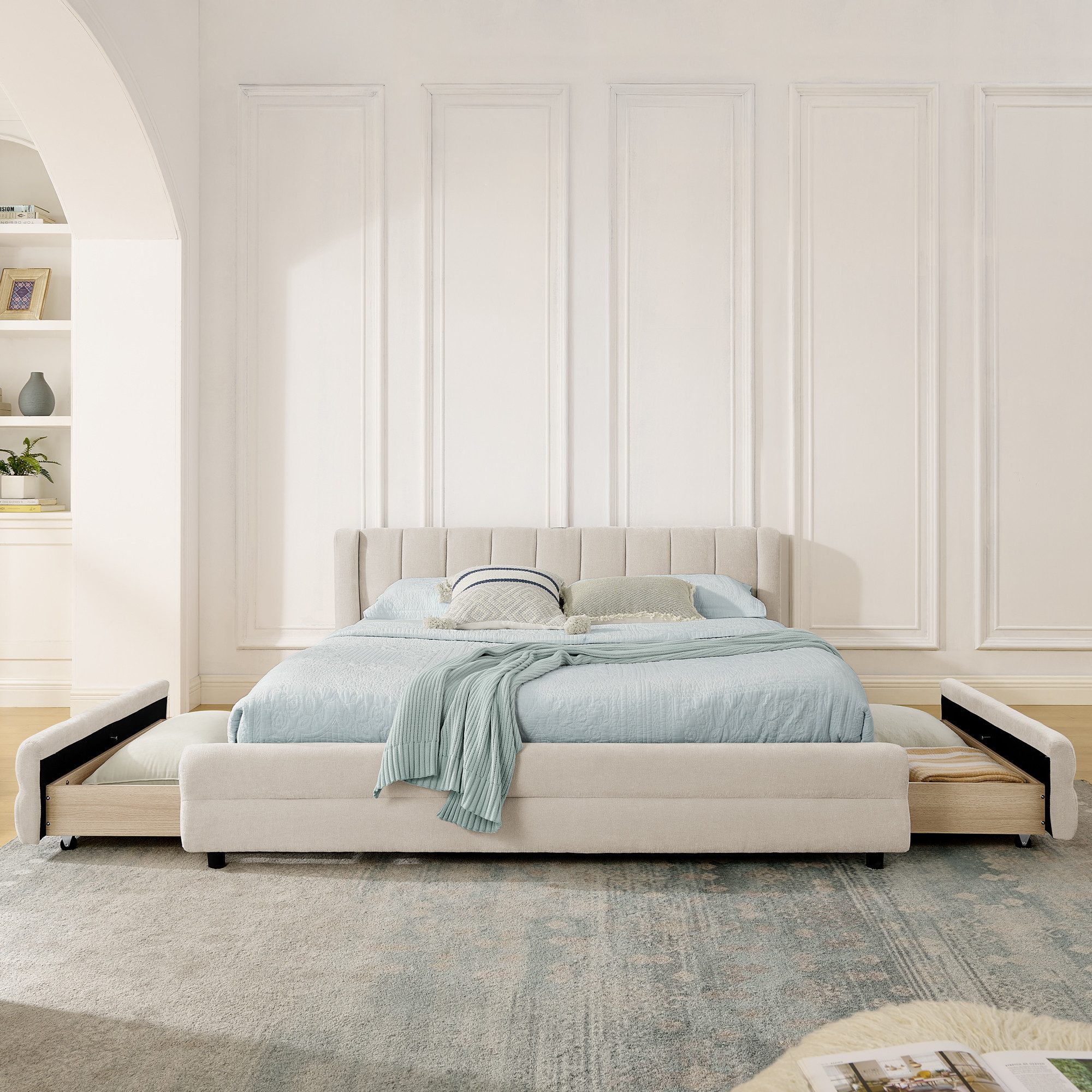 REDOM Polsterbett Funktionsbett mit USB-/Type-C-Anschlüssen & seitlichen Fächern (Packung, 1-tlg., 140x200 cm, mit integrierten Schubladen & ergonomischem Design), für Schlafzimmer, Gästezimmer oder kleinere Wohnungen (ohne Matratze)