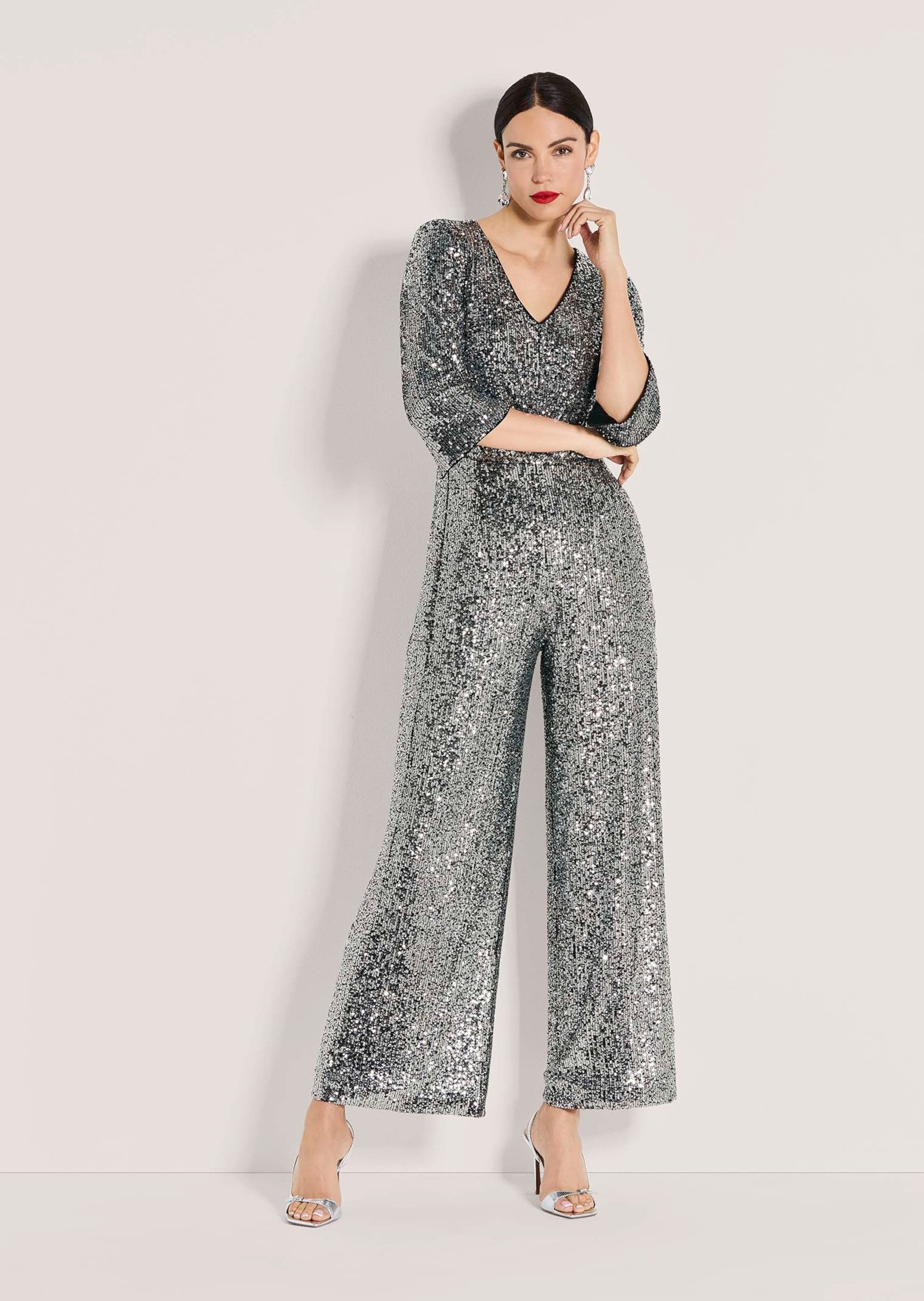 MADELEINE Jumpsuit Eleganter Pailletten-Einteiler Glanzoverall mit V-Ausschnitt, weiten Culotte-Beinen und 3/4-Arm
