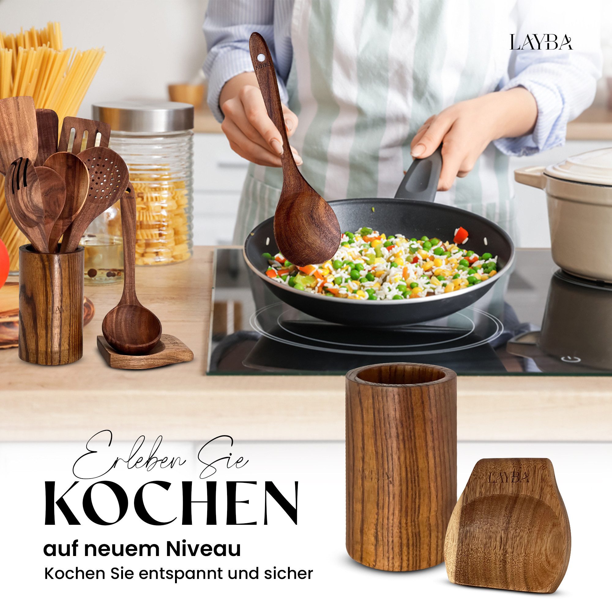 Layba Kochbesteck-Set LAYBA Teakholz-Küchenutensilien-Set 10-teilig mit Behälter und Ablage – Bild 2 von 5