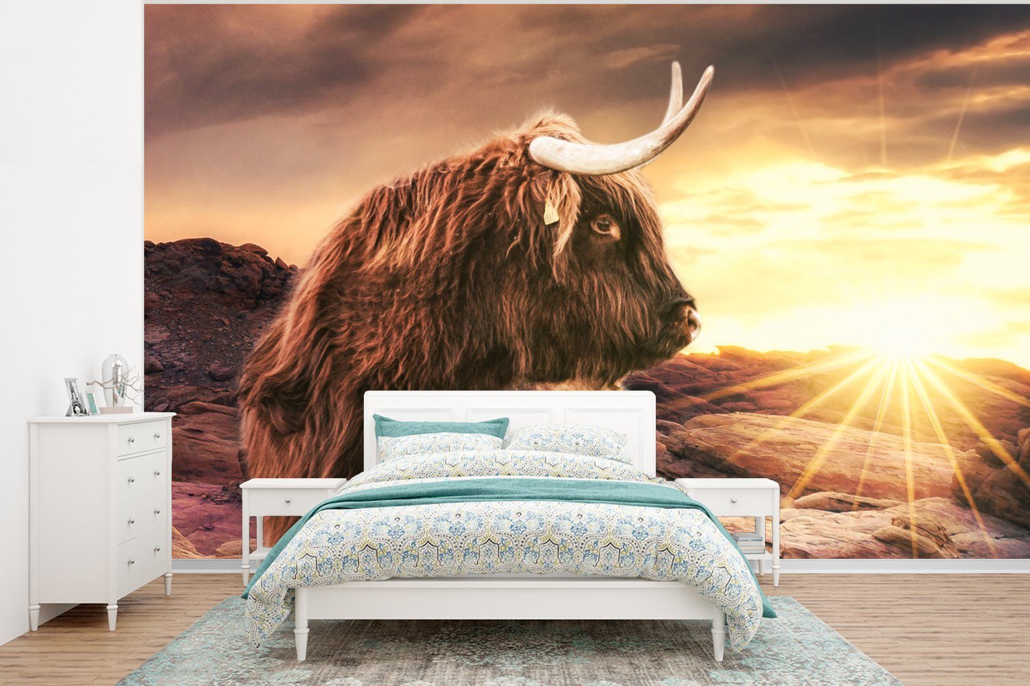 MuchoWow Fototapete Schottischer Highlander - Kuh - Horizont, Matt, bedruckt, (6 St), Wallpaper für Wohnzimmer, Schlafzimmer, Kinderzimmer, Vinyl Tapete