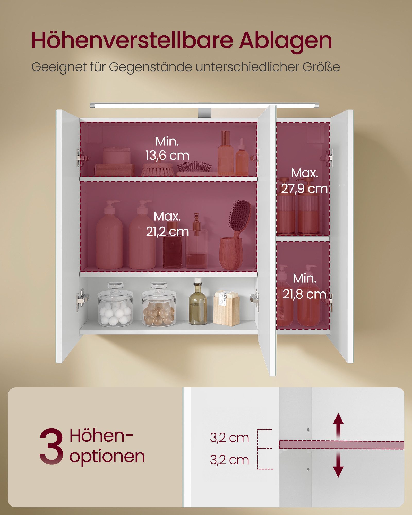 VASAGLE Spiegelschrank Hängeschrank mit verstellbaren Ablagen Beleuchtung, 3 Türen, modern, 15 x 70 x 60 cm, weiß