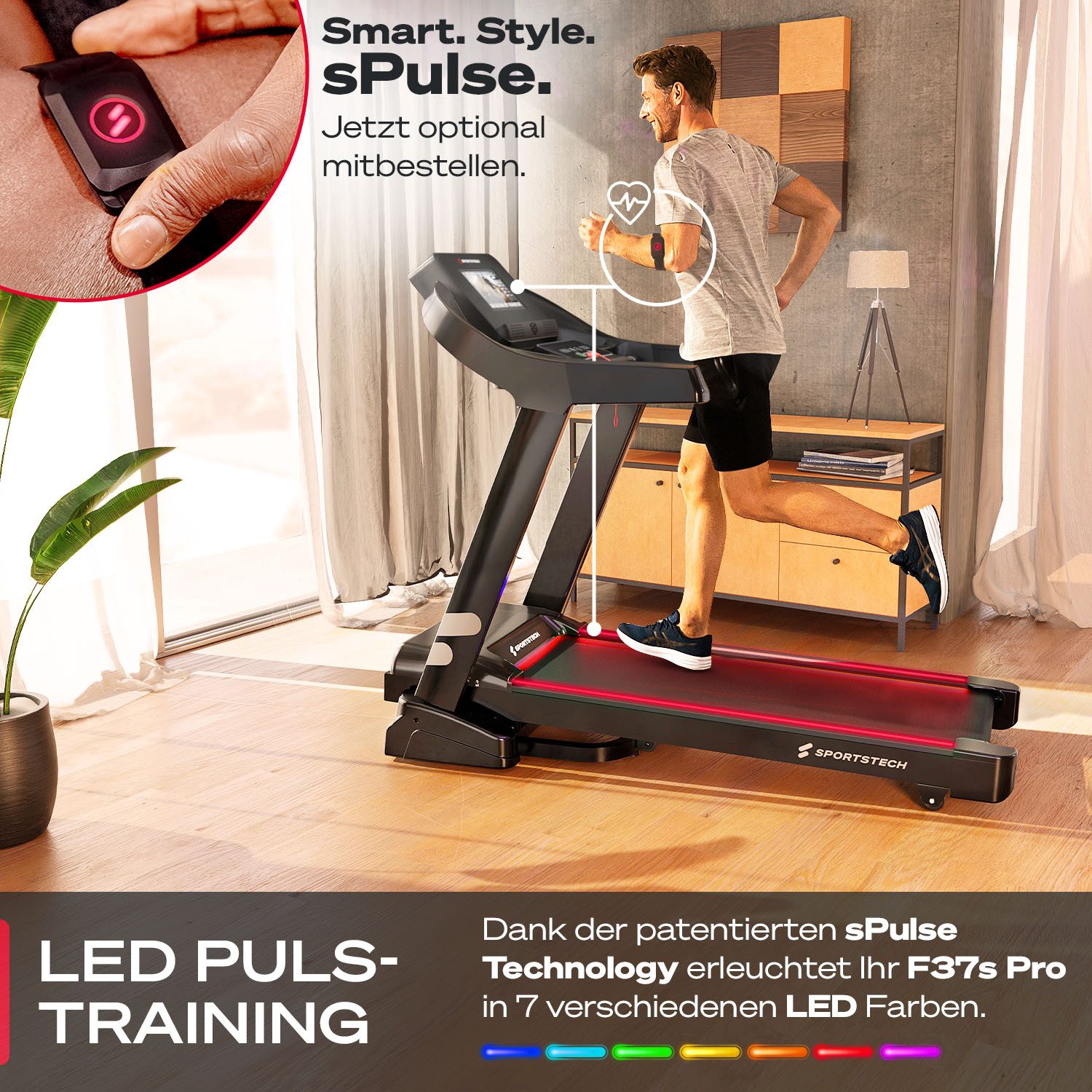 Sportstech Laufband F37s, 11% Steigung, Premium App & Live Kurse, 20km/h, Klappbar