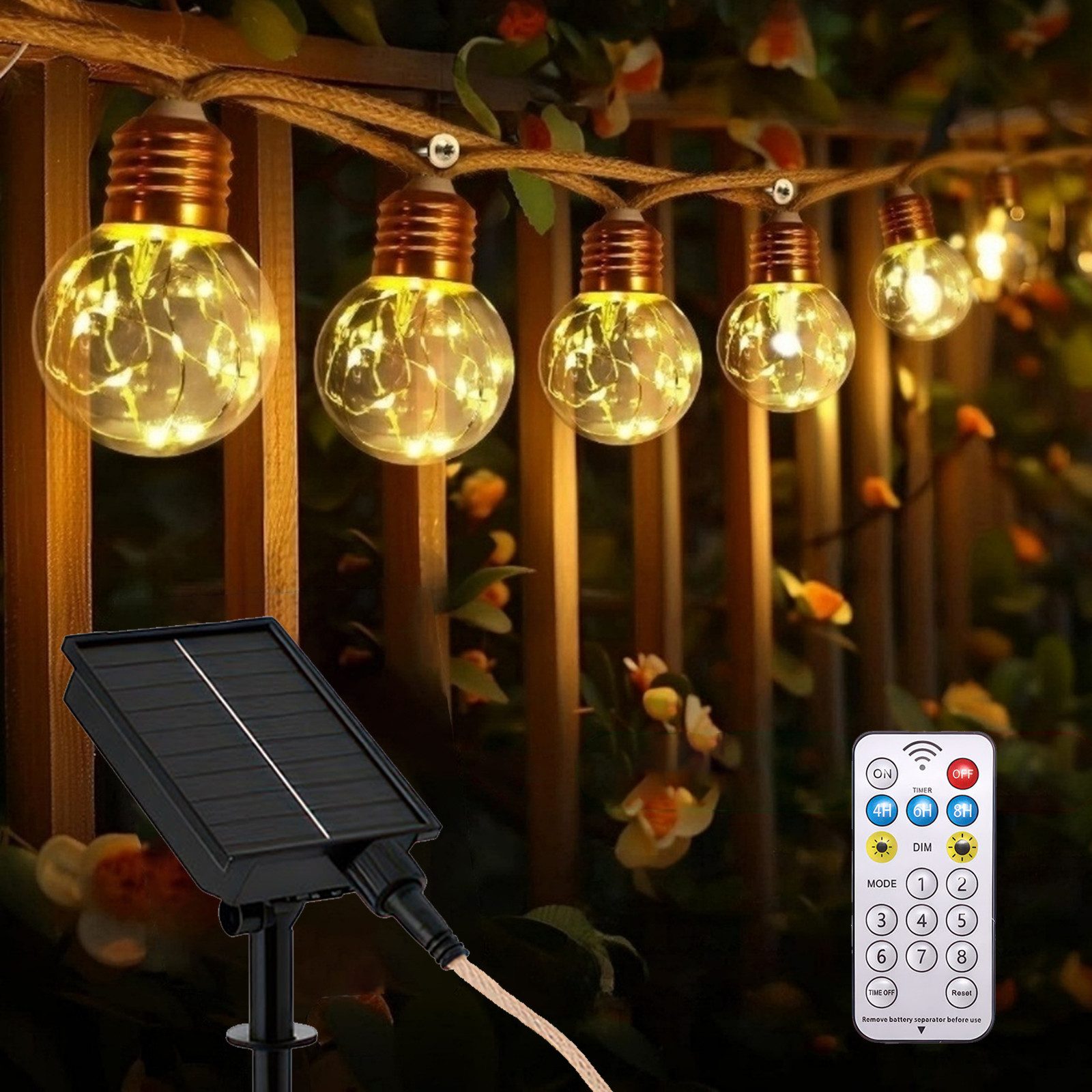 BlingBin LED-Lichterkette Lichterkette mit 16 Glühbirnen, 8M Solar Lichterkette Außen Wetterfest, 96-flammig, 8 Modi Led Lichterkette Außen Solar mit Hanfseil für Balkon, Gärten