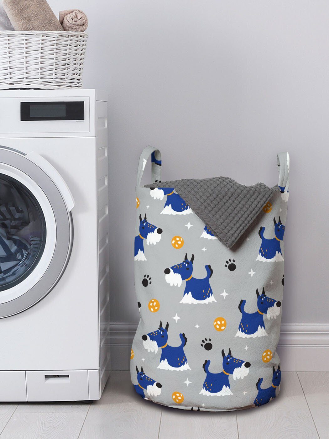 Waschsalons, Hunde Bild Kordelzugverschluss Blau Griffen mit Bearded Wäschesäckchen Abakuhaus Karikatur für Wäschekorb
