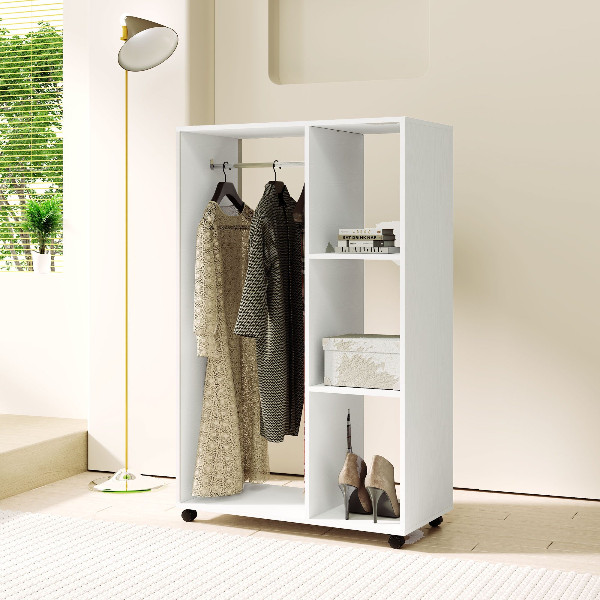 OKWISH Kleiderschrank Garderobenschränke 80x128x40 cm mit Rollen in Weiß (Packung, 1-St., Mobile Garderobe mit 1 Kleiderstange & 3 Regalen) Rollbarer Kleiderständer für Flur, Schlafzimmer & Waschküche