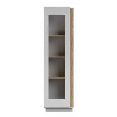 MOEBLO Vitrine REYLA 02 (Grau + eiche artisan, Weiß + Eiche artisan Komodenschrank Highboard, mit drei Einlegeböden, Sideboard Wohnzimmer Kommode) (BxHxT):58x202x42cm