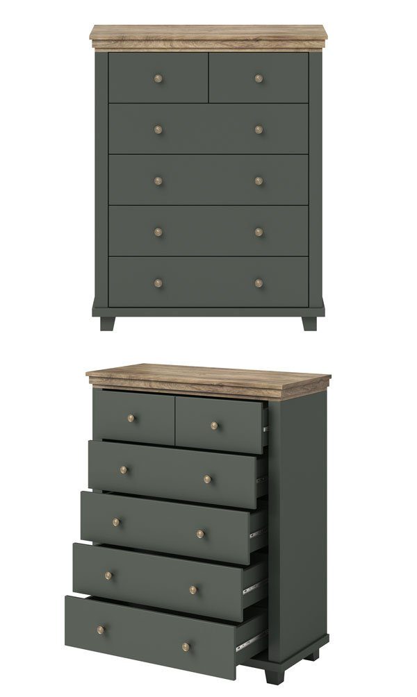 Helvetia Schubkastenkommode Elda (6 Schubladen mit Vollauszug, 1 St., moderner Landhausstil, Holzoptik, Knaufgriffe), 90x42x112,5cm grün / Eiche Lefkas