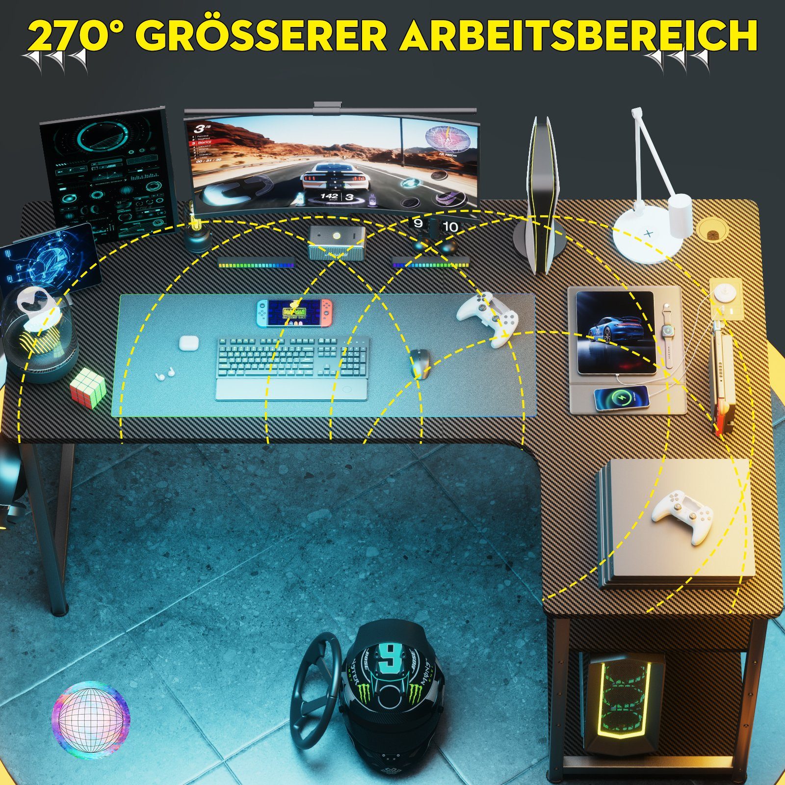 GTPLAYER Schreibtisch Gaming Tisch Eckschreibtisch mit Regal USB-Ladeanschluss und Steckdose (1 Tisch), 120/100cm Computertisch L Form, PC Tisch für Büro, Heimbüro