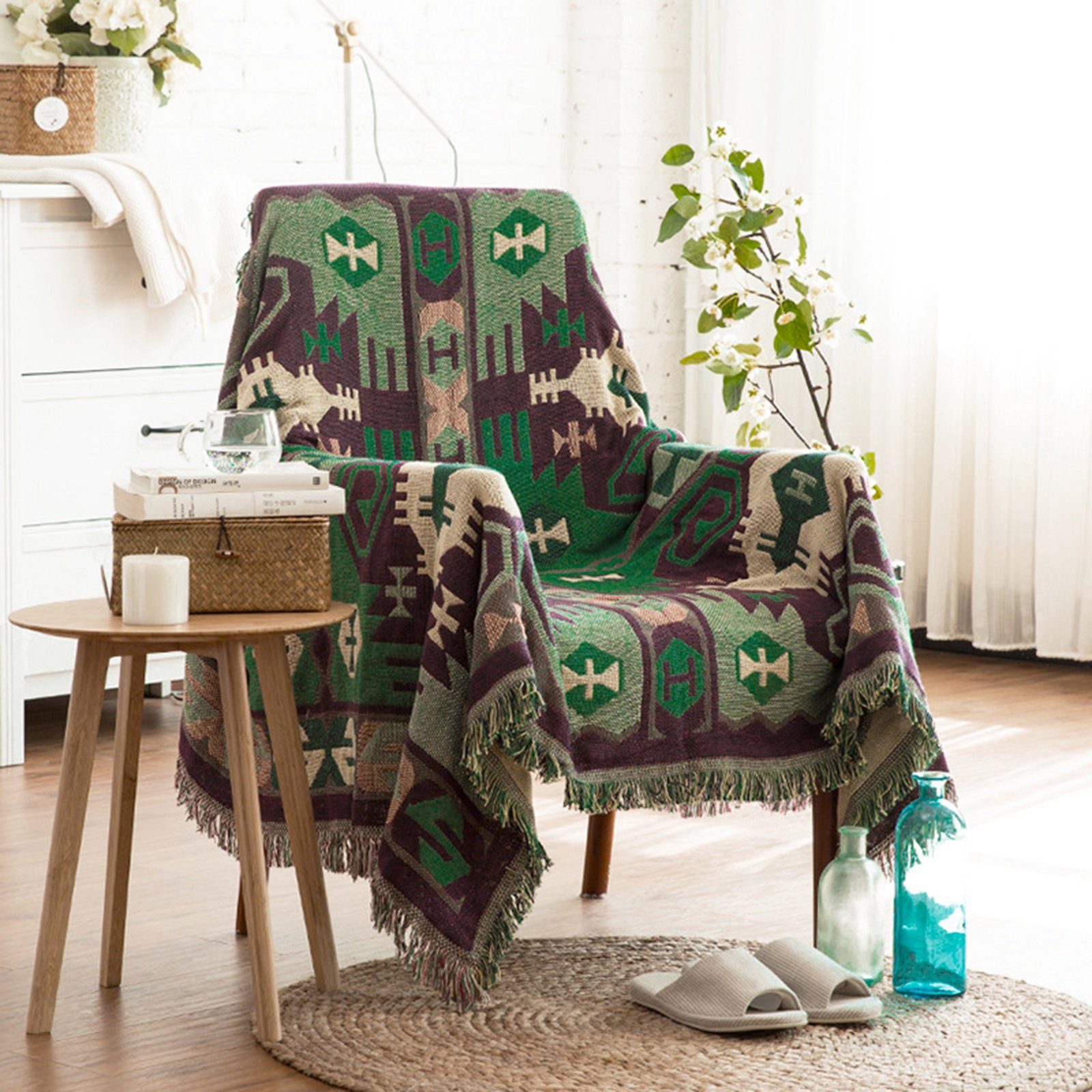 Wolldecke Wohndecke Strickdecke Doppelseitig Boho-Decke, Fransen