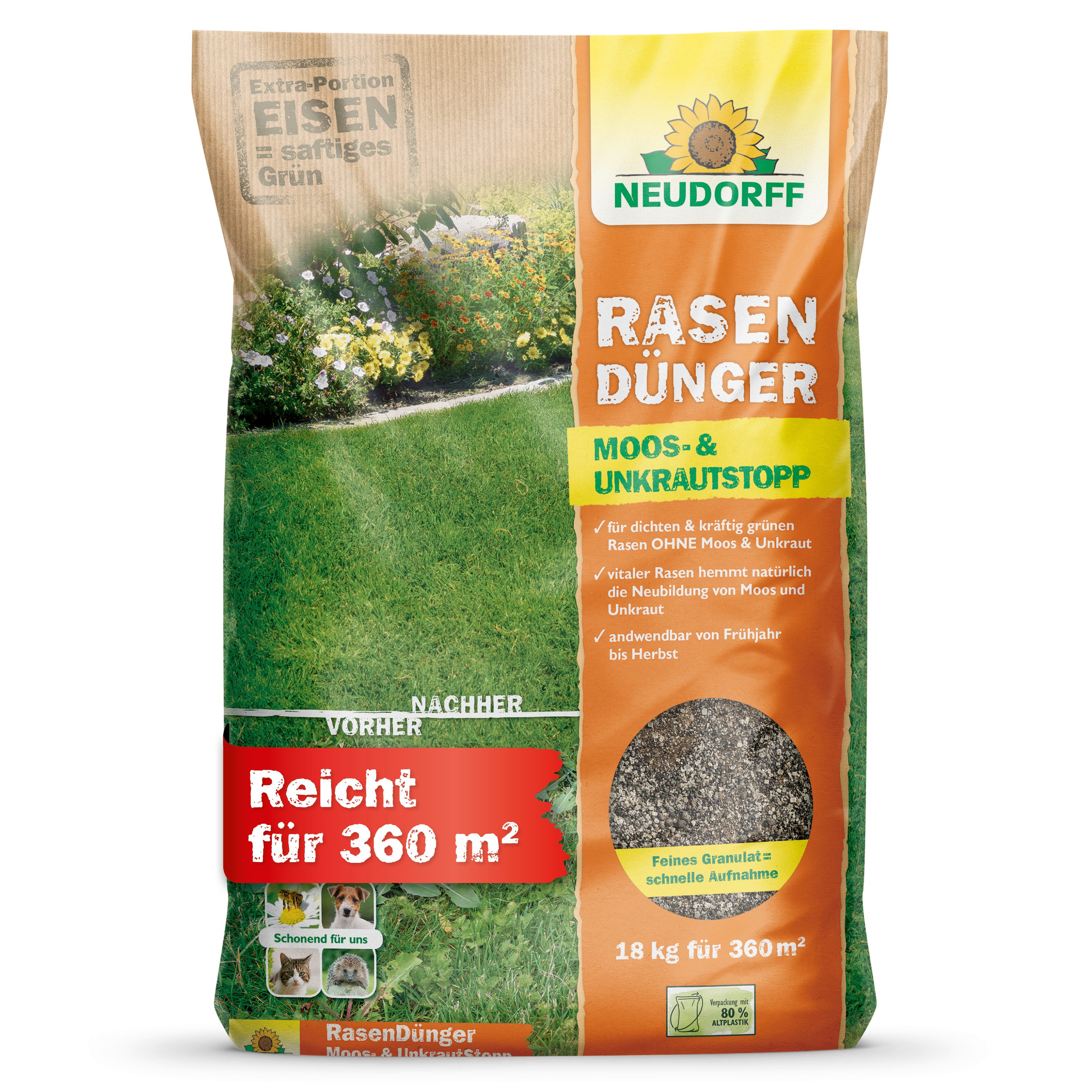 Neudorff Rasendünger Moos- & UnkrautStopp 18 kg, Feines Granulat für bis zu 360 m² Rasenfläche, Organisch-mineralischer NPK-Dünger mit 2,3 % Eisen, Extra Eisen für kräftiges Grün & dichten Rasen