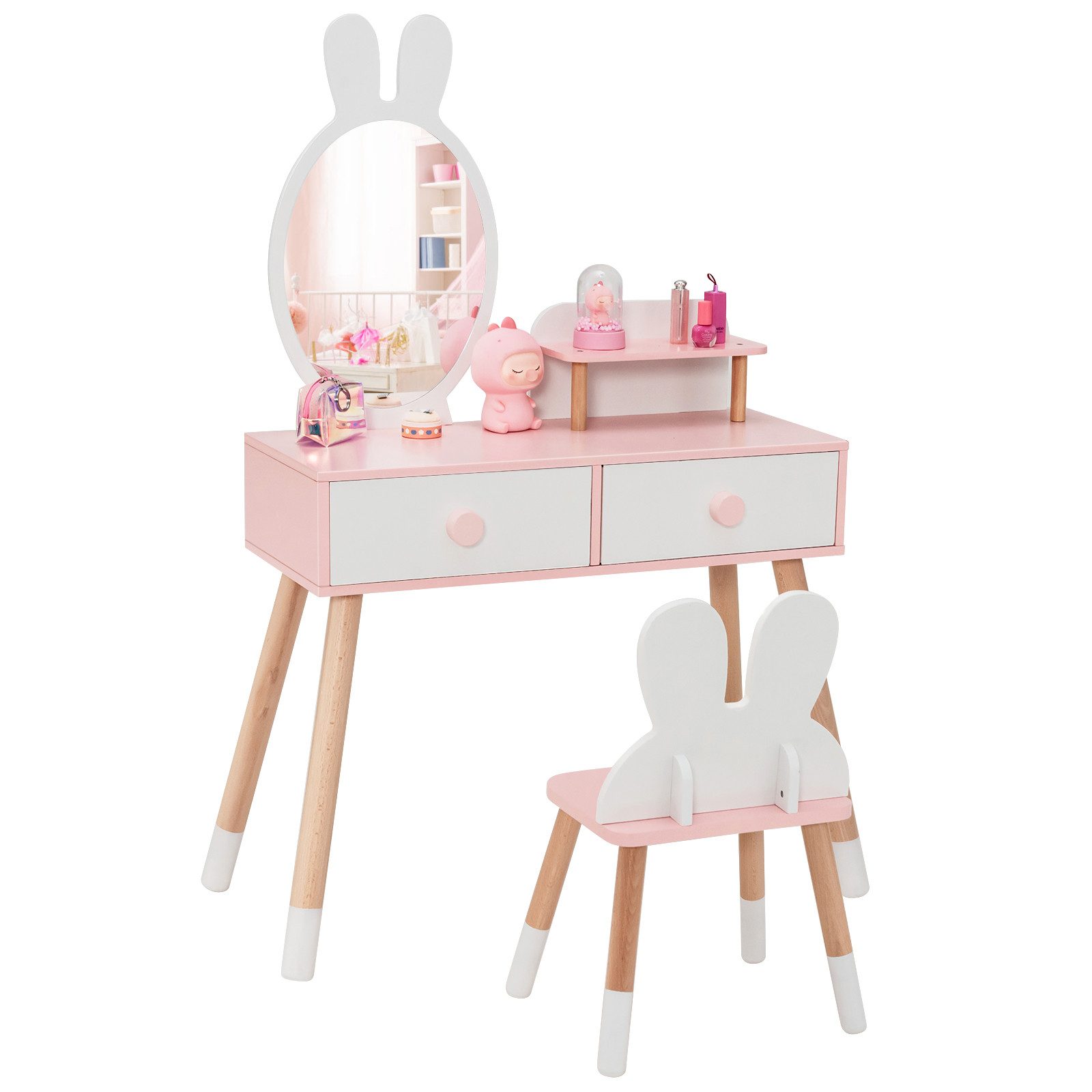 COSTWAY Schminktisch 2 in 1, aus Holz, mit Spiegel, 2 Schubladen